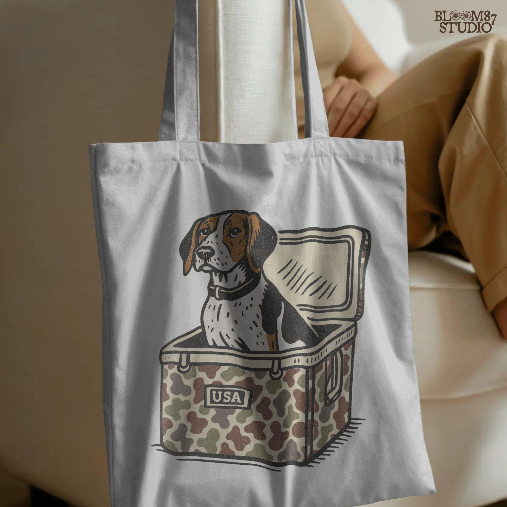 Illustration of a Treeing Walker Coonhound sitting in a camo-patterned cooler with USA label, digital PNG for hunting and farmhouse crafts