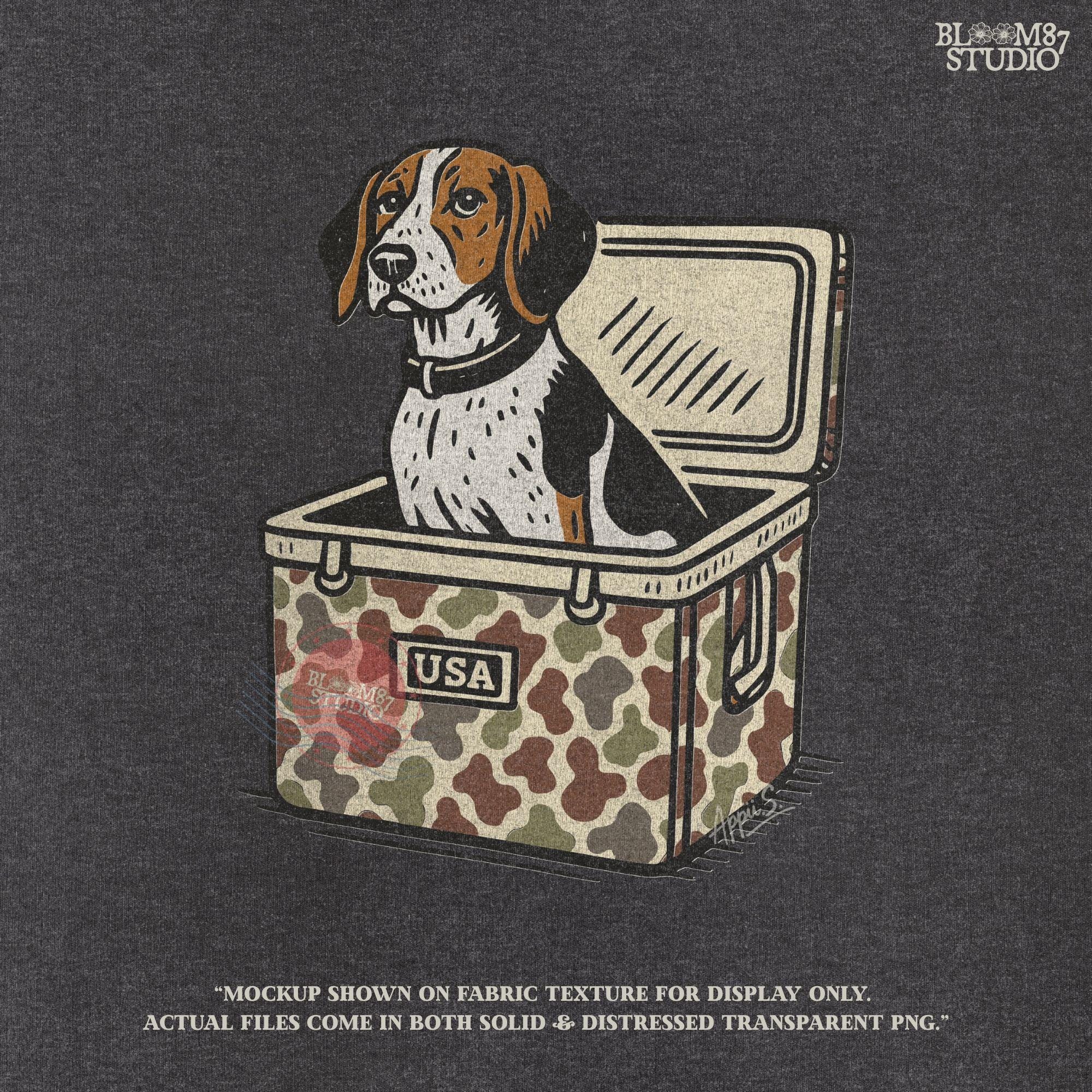 Illustration of a Treeing Walker Coonhound sitting in a camo-patterned cooler with USA label, digital PNG for hunting and farmhouse crafts