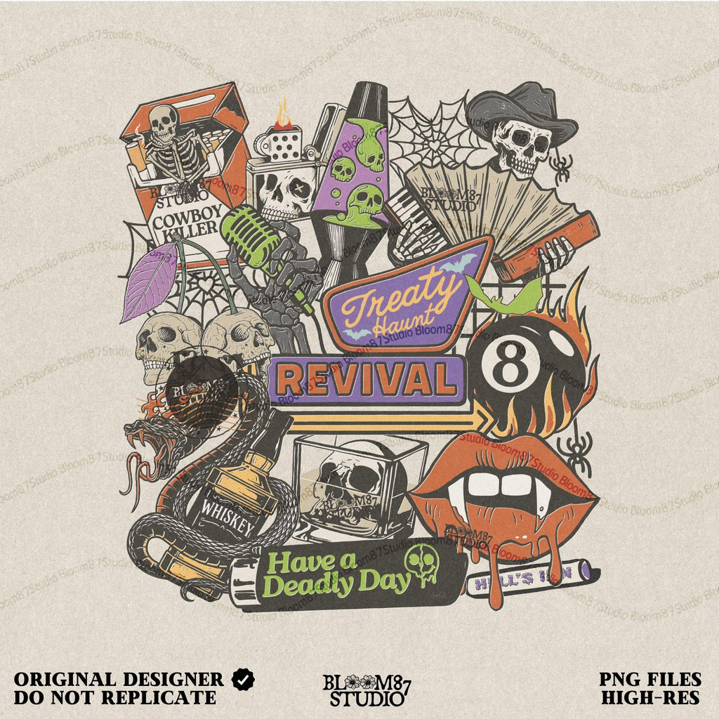 Spooky western collage PNG featuring skeleton cowboy, flames, whiskey, skulls, barbed wire, and Treaty Revival neon sign for Halloween sublimation use.