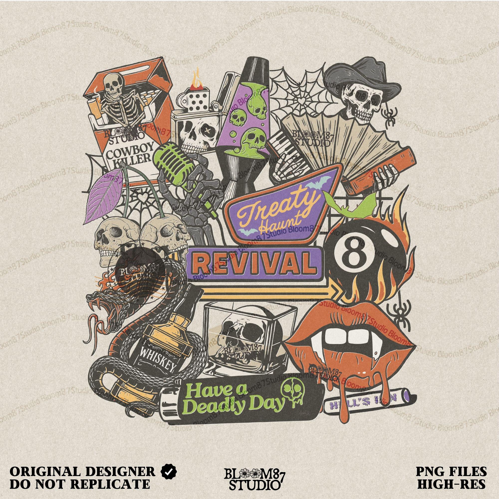 Spooky western collage PNG featuring skeleton cowboy, flames, whiskey, skulls, barbed wire, and Treaty Revival neon sign for Halloween sublimation use.