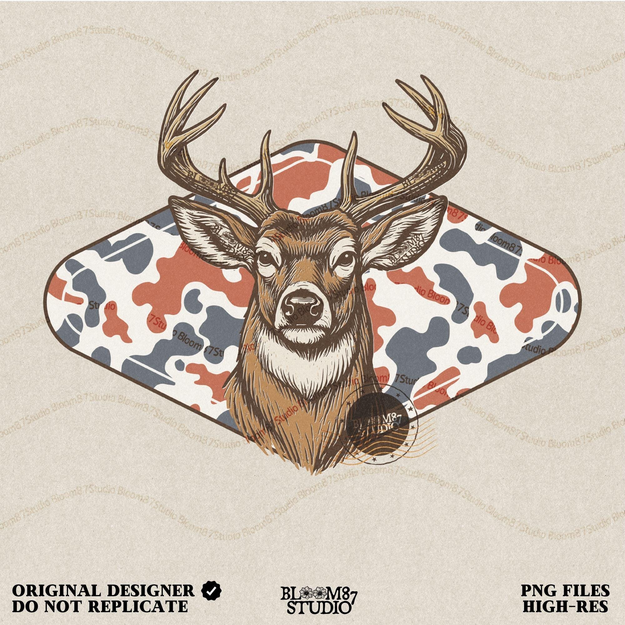 Whitetail deer with red white blue camo background – patriotic hunting sublimation PNG design.