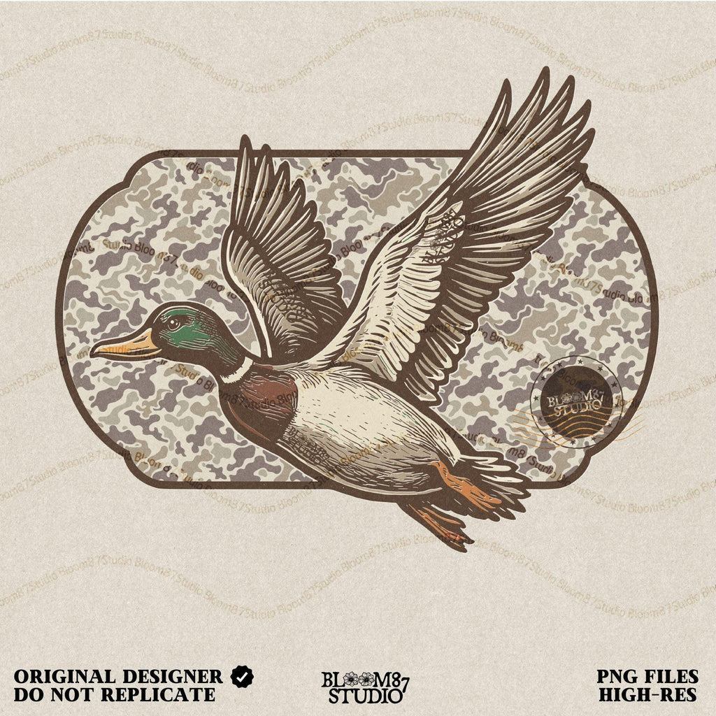 "Camo duck png for hunting shirt sublimation, mallard flying graphic, southern outdoor design"