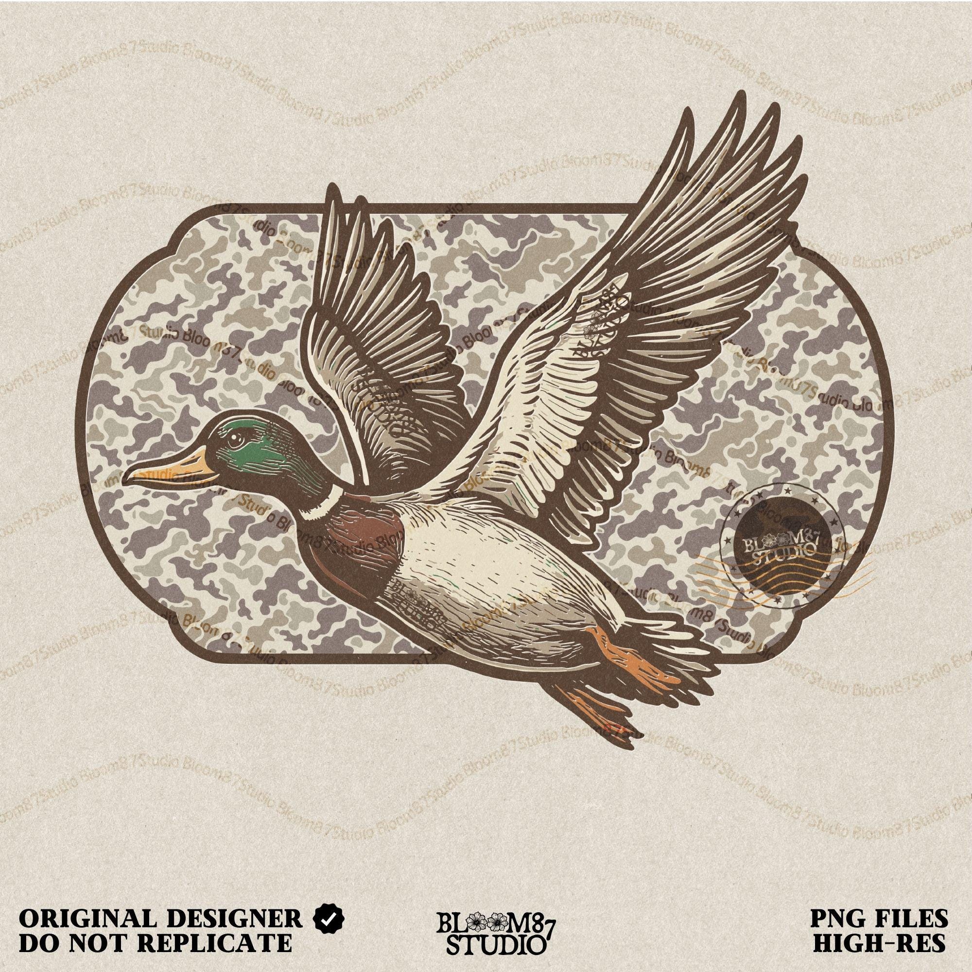 "Camo duck png for hunting shirt sublimation, mallard flying graphic, southern outdoor design"