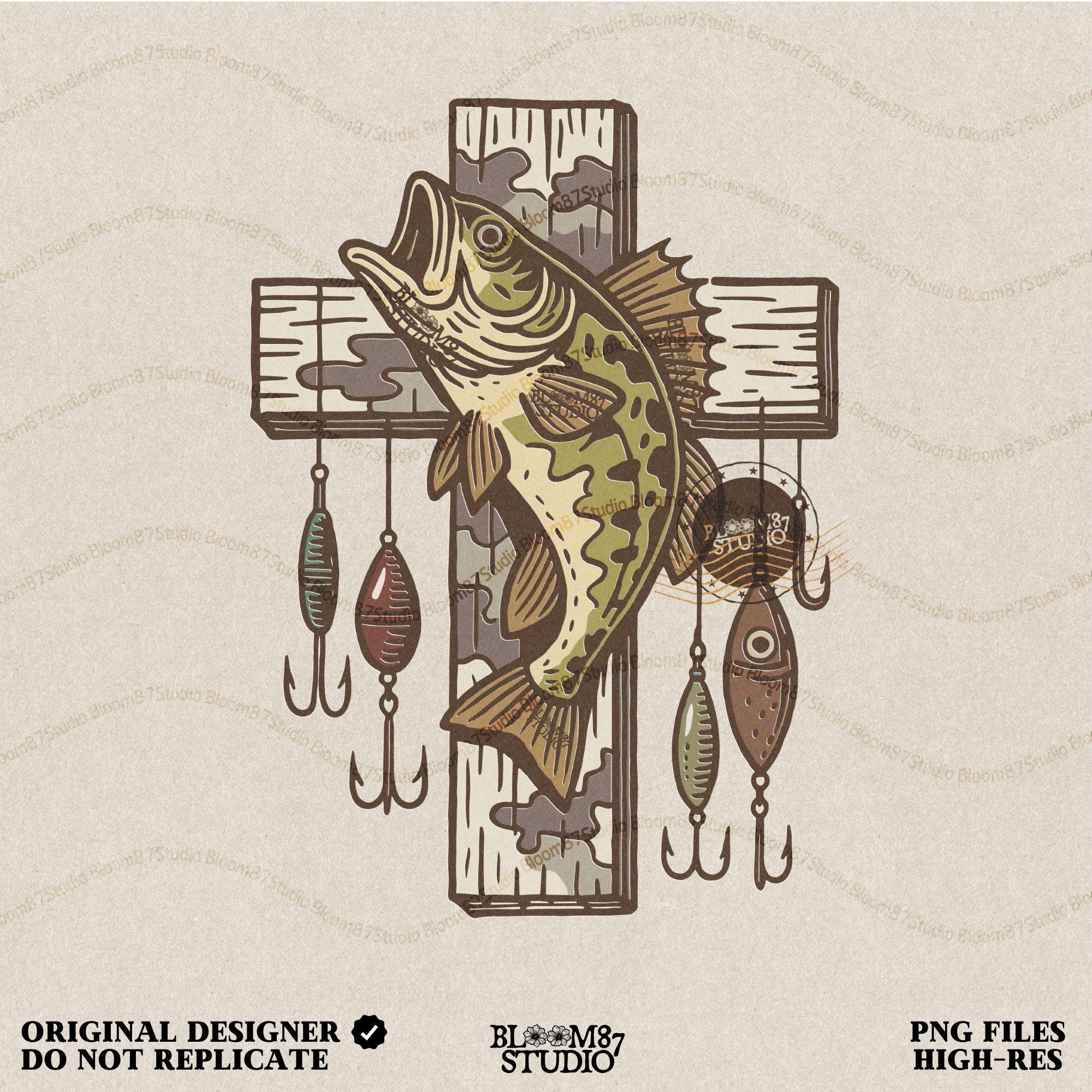 Illustrated trout leaping from the river surrounded by reeds and pine trees, perfect for summer fishing and outdoor adventure designs.