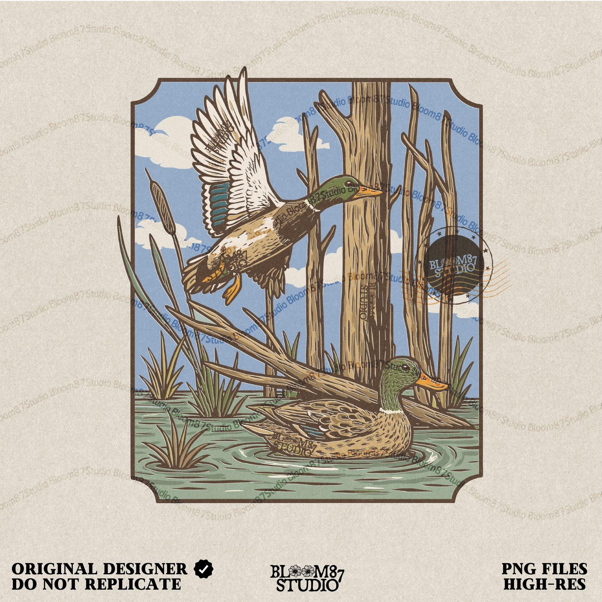 “Vintage mallard duck PNG, flying and swimming ducks in swamp with trees, classic waterfowl hunting scene sublimation”