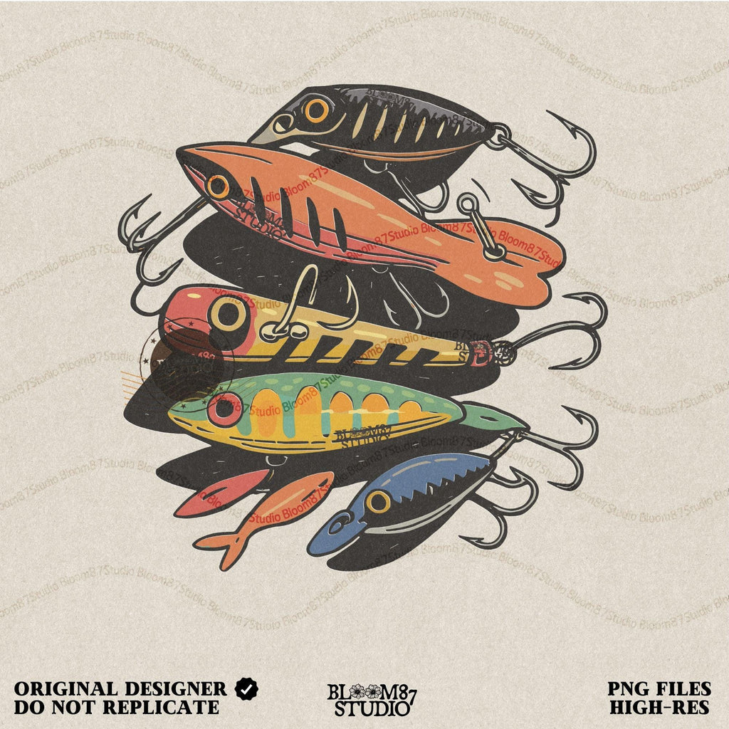 Vintage-style illustration of assorted colorful fishing lures including crankbaits and topwater baits, arranged in a collage, for sublimation and angler designs.