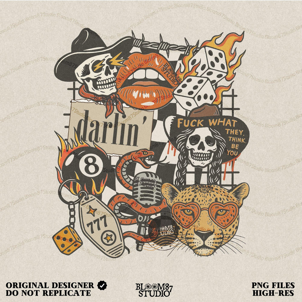 Western punk collage design featuring skulls, lips, leopard with heart glasses, snake and microphone, dice, barbed wire, and 777 tag.