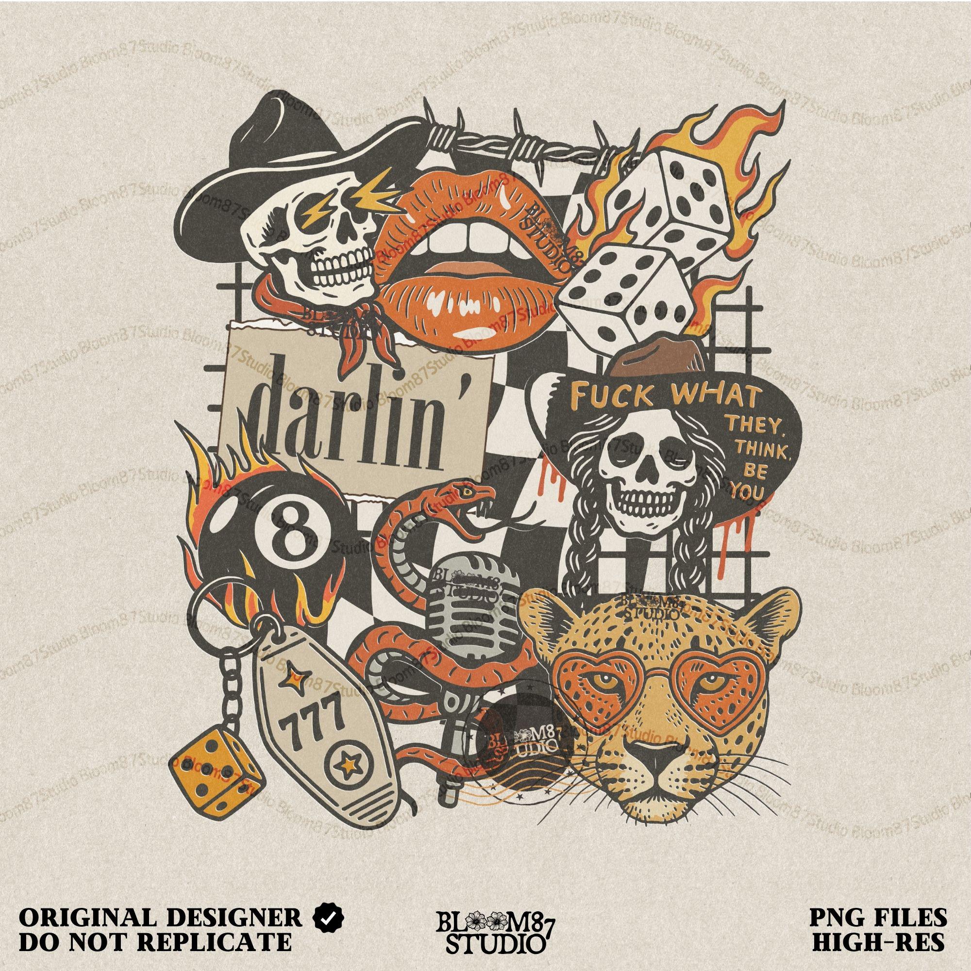 Western punk collage design featuring skulls, lips, leopard with heart glasses, snake and microphone, dice, barbed wire, and 777 tag.