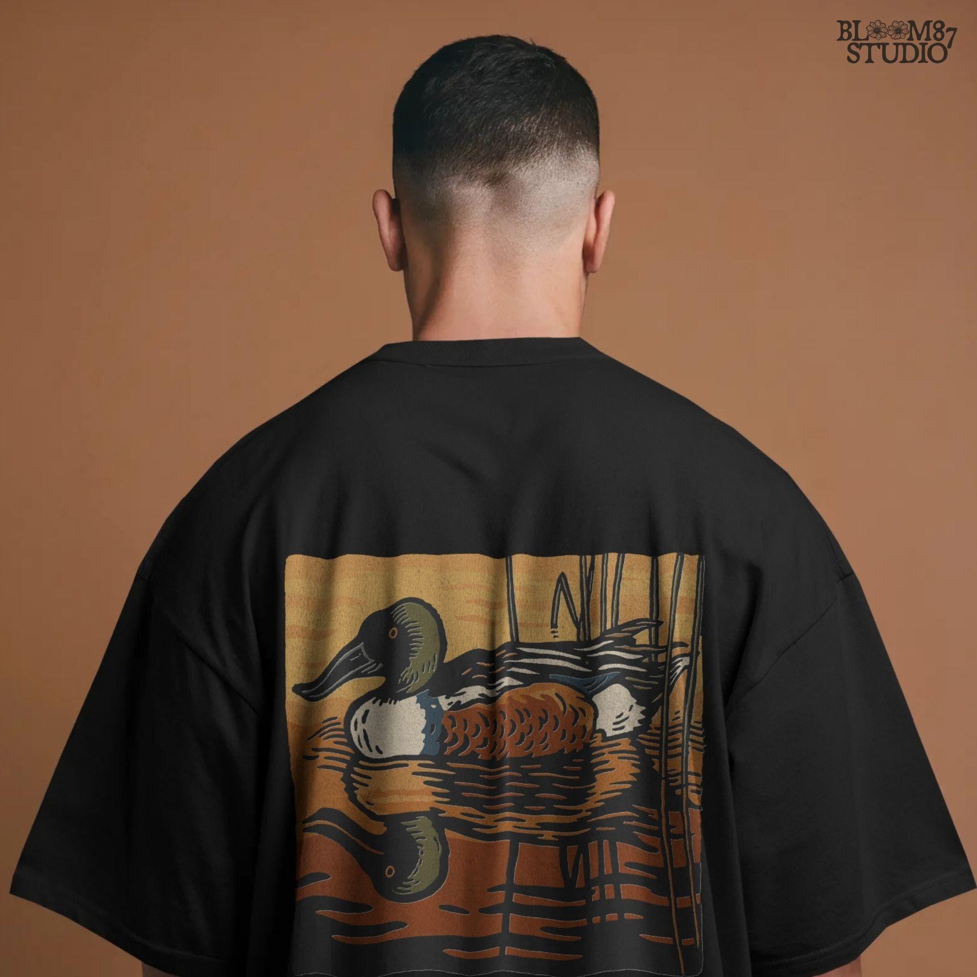 Illustration of a Northern Shoveler duck swimming in a marsh pond at sunset with warm orange and brown reflections, digital PNG for sublimation crafts