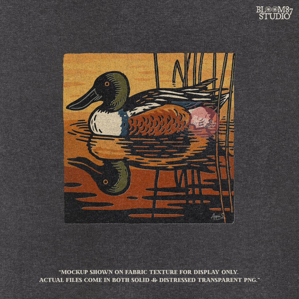 Illustration of a Northern Shoveler duck swimming in a marsh pond at sunset with warm orange and brown reflections, digital PNG for sublimation crafts