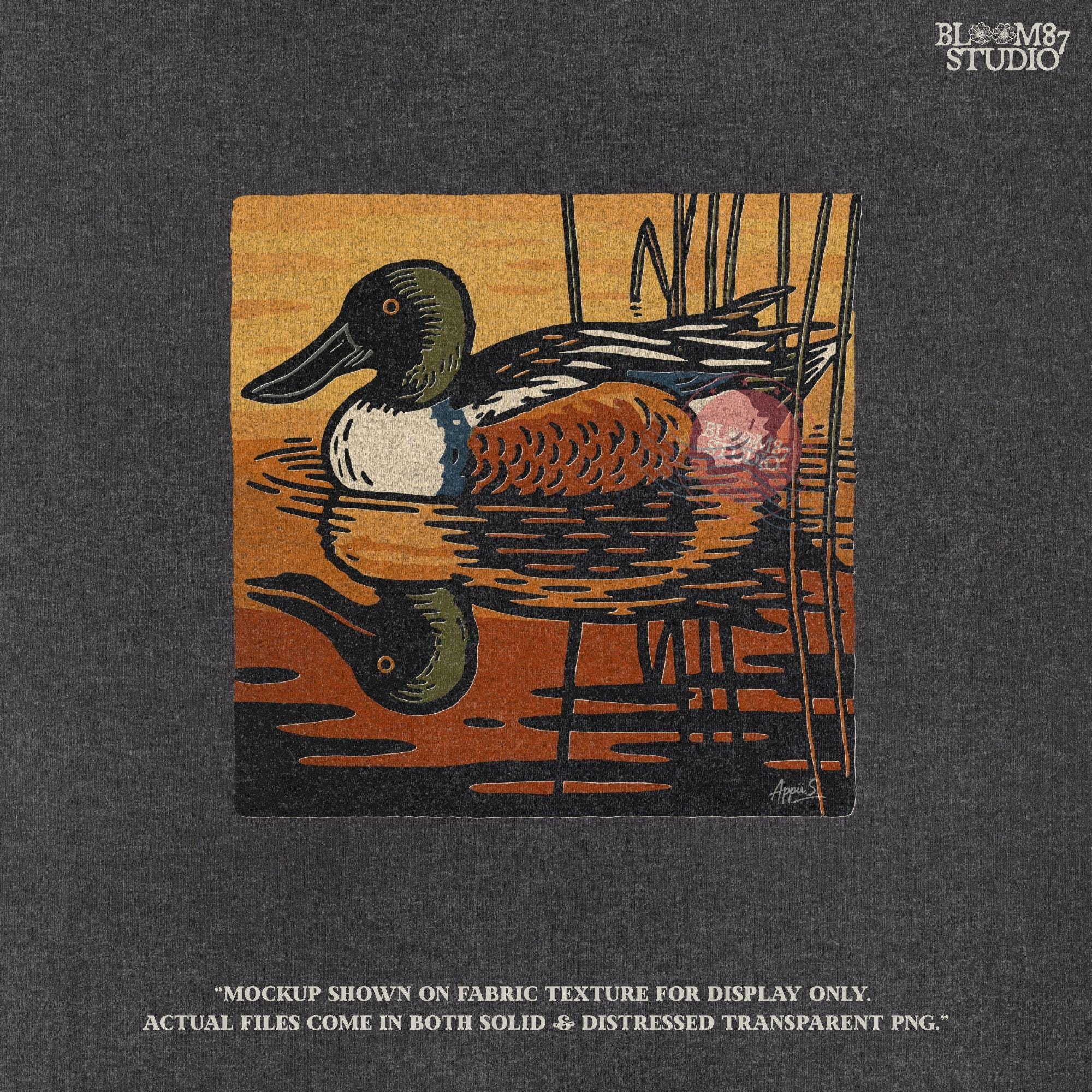 Illustration of a Northern Shoveler duck swimming in a marsh pond at sunset with warm orange and brown reflections, digital PNG for sublimation crafts