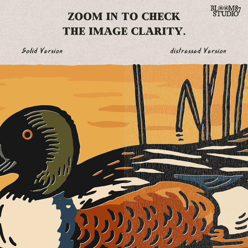 Illustration of a Northern Shoveler duck swimming in a marsh pond at sunset with warm orange and brown reflections, digital PNG for sublimation crafts