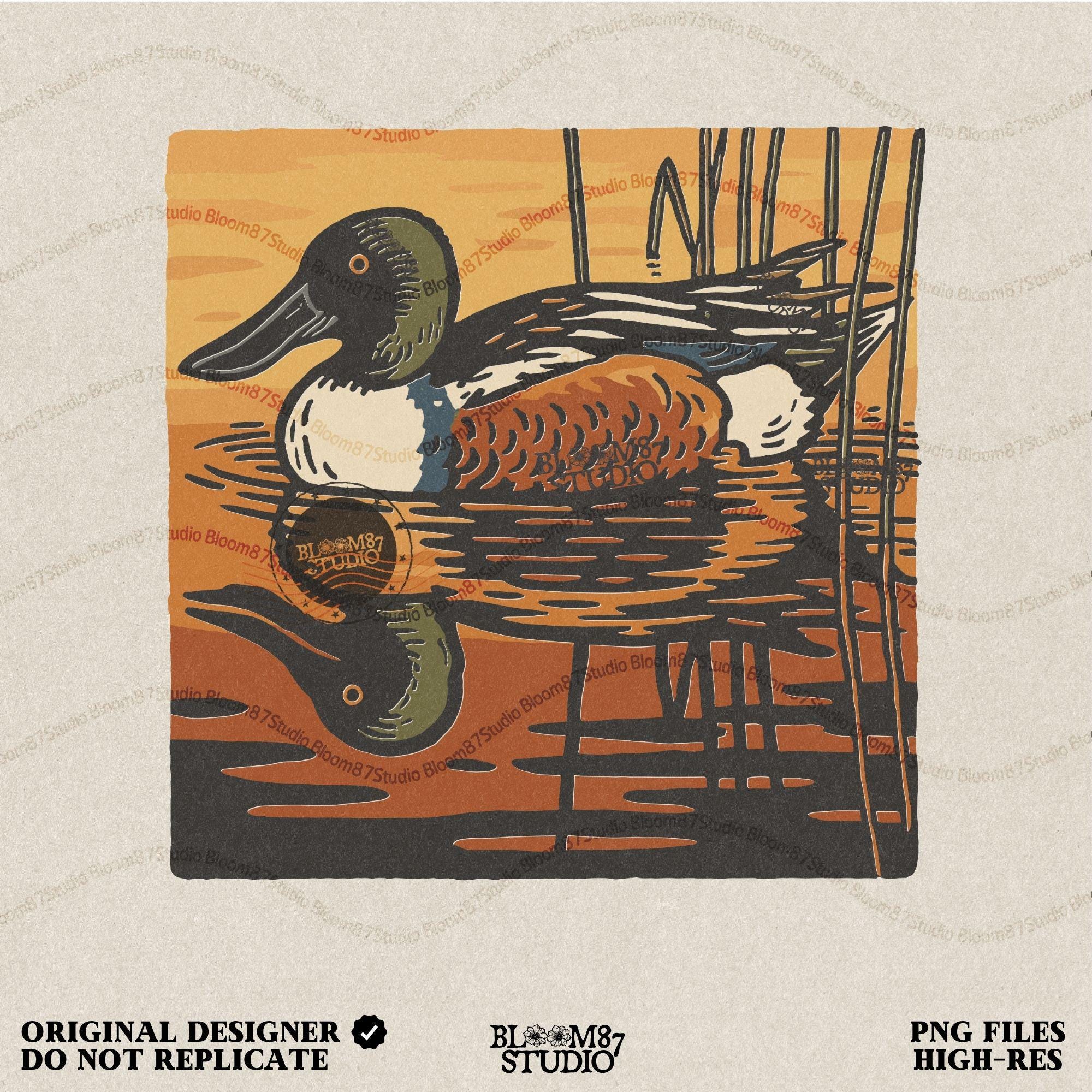 Illustration of a Northern Shoveler duck swimming in a marsh pond at sunset with warm orange and brown reflections, digital PNG for sublimation crafts