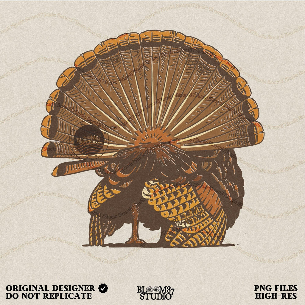 Illustration of a wild turkey from behind with fully fanned tail feathers in brown and golden tones, digital PNG for hunting and Thanksgiving crafts