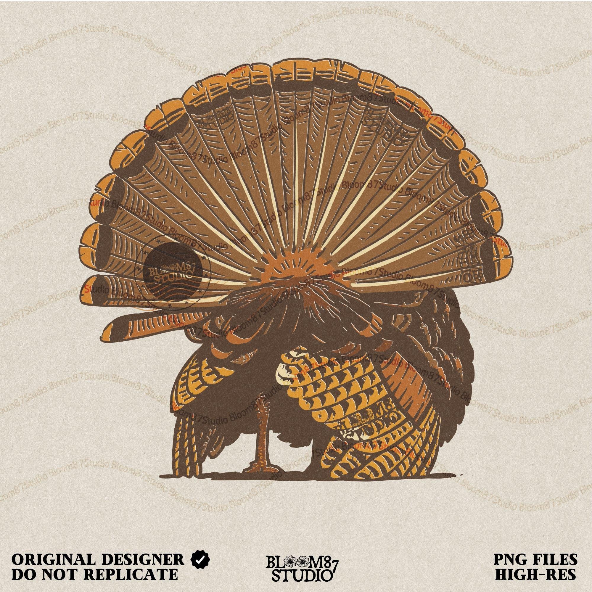 Illustration of a wild turkey from behind with fully fanned tail feathers in brown and golden tones, digital PNG for hunting and Thanksgiving crafts