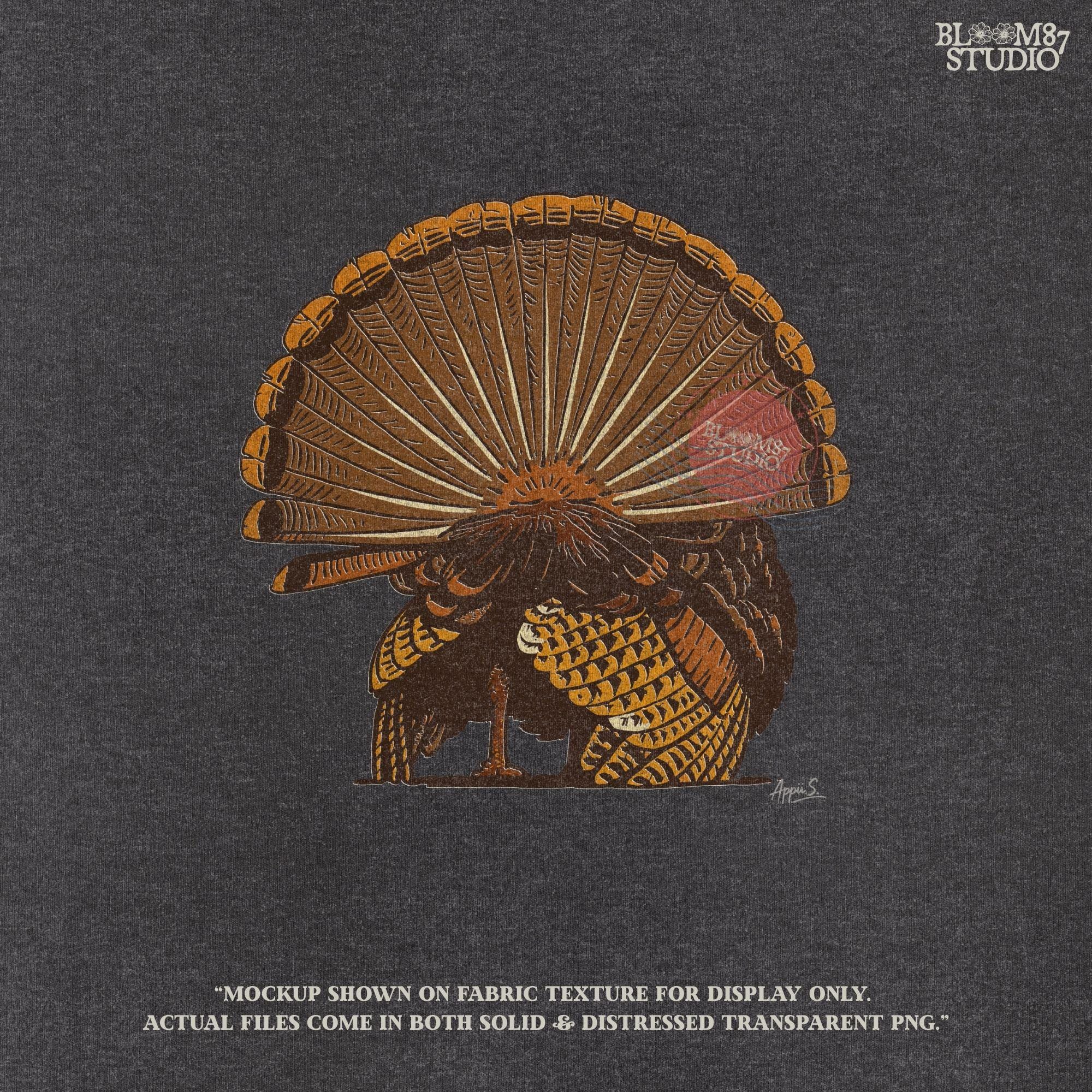 Illustration of a wild turkey from behind with fully fanned tail feathers in brown and golden tones, digital PNG for hunting and Thanksgiving crafts