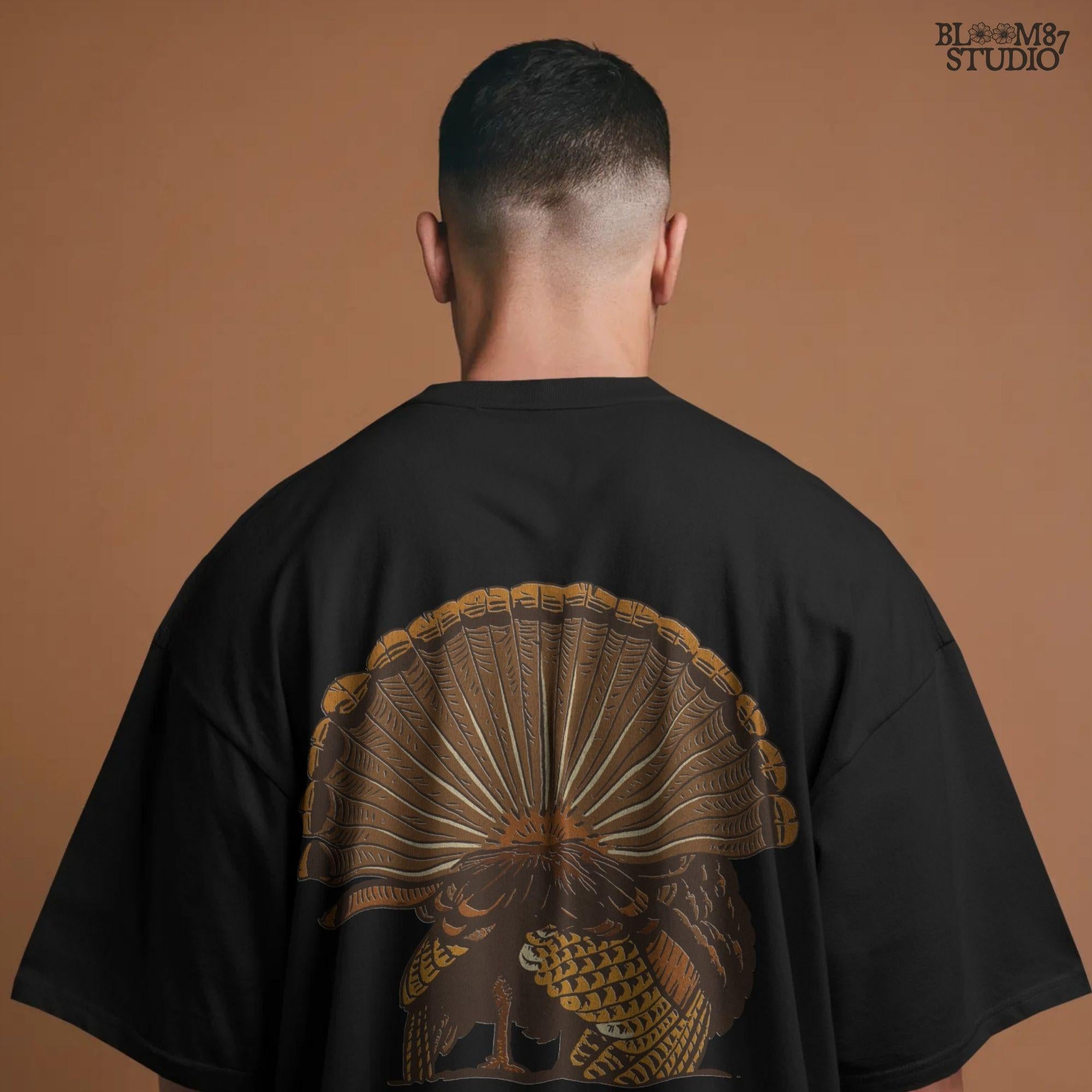 Illustration of a wild turkey from behind with fully fanned tail feathers in brown and golden tones, digital PNG for hunting and Thanksgiving crafts