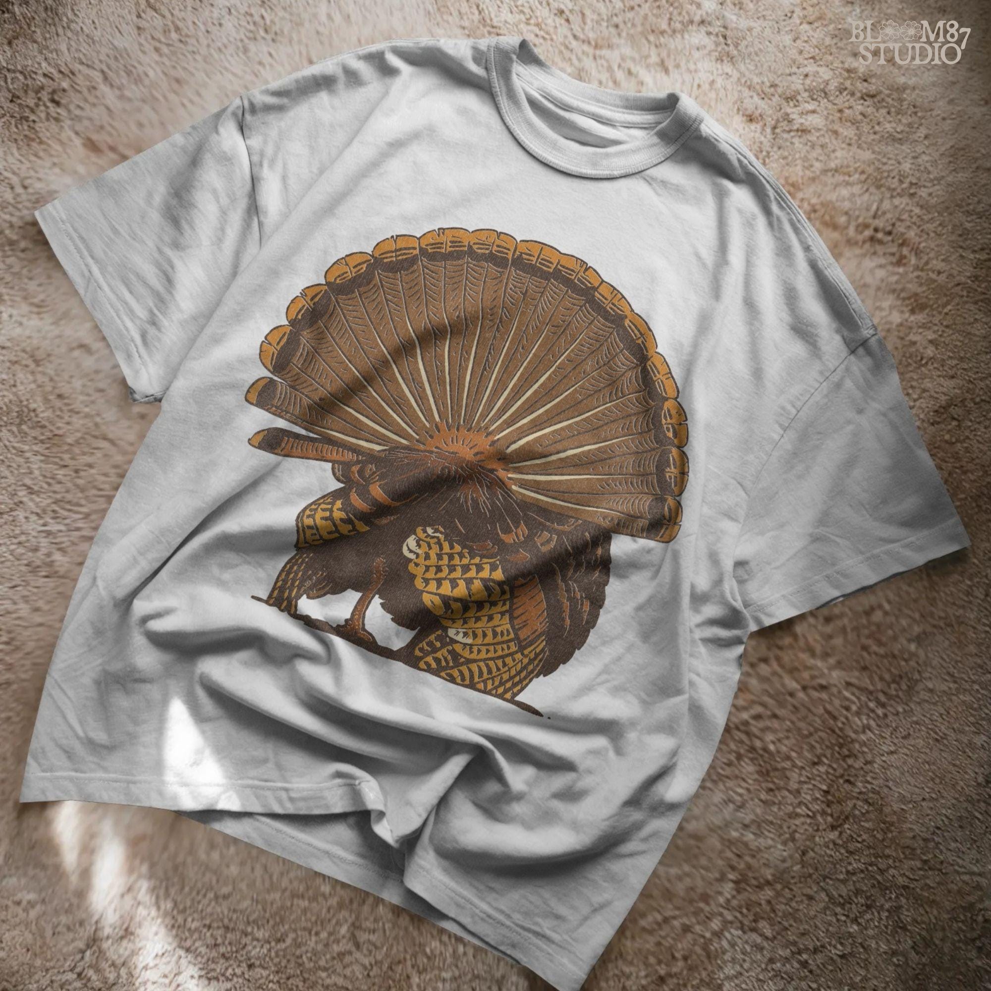 Illustration of a wild turkey from behind with fully fanned tail feathers in brown and golden tones, digital PNG for hunting and Thanksgiving crafts