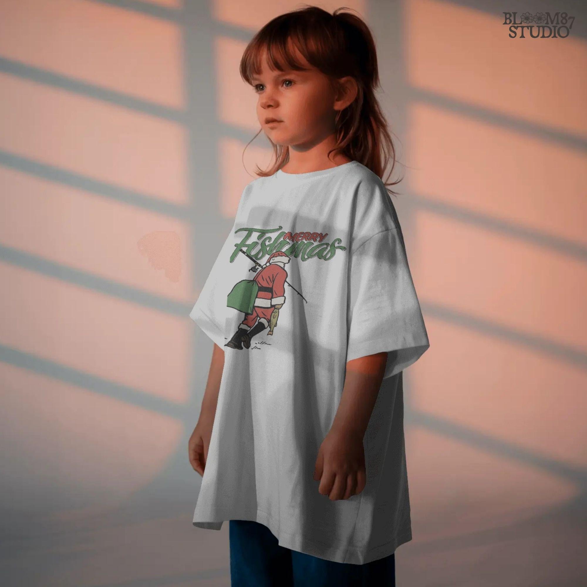 Illustration of Santa Claus walking with fishing rod and fish, “Merry Fishmas” text above, rustic Christmas PNG for sublimation and holiday crafts