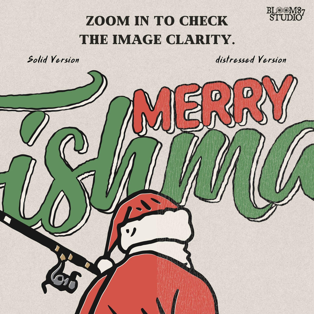 Illustration of Santa Claus walking with fishing rod and fish, “Merry Fishmas” text above, rustic Christmas PNG for sublimation and holiday crafts