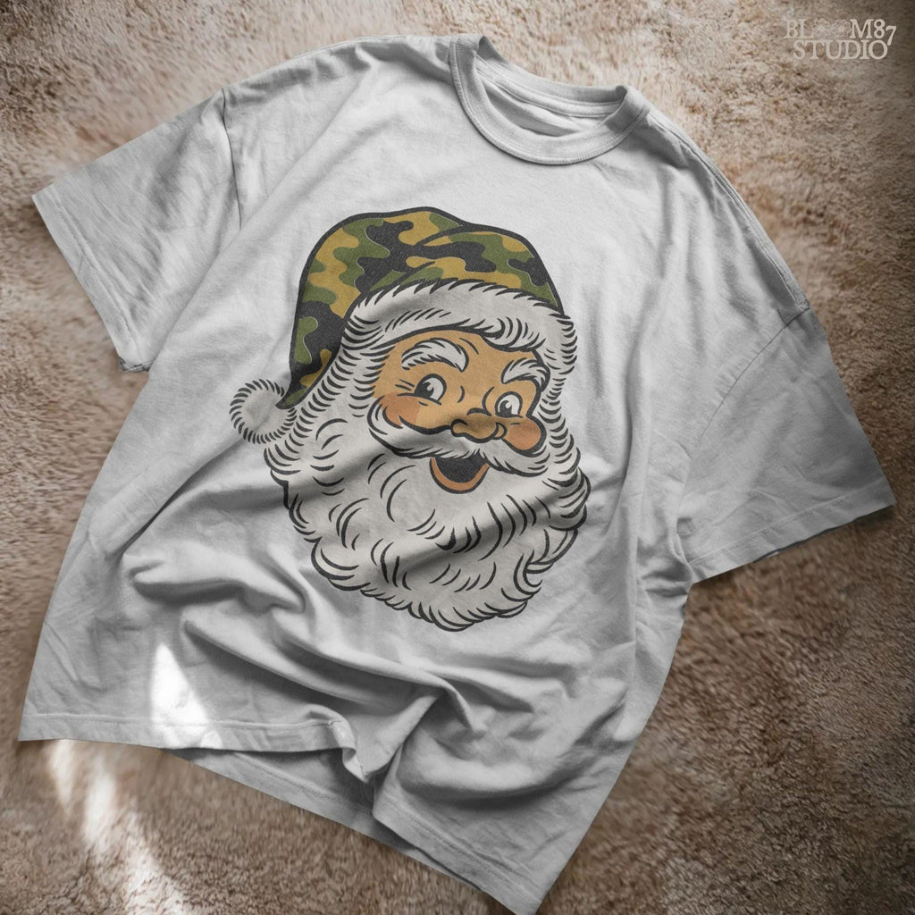 Vintage-style Santa Claus face with a camouflage Christmas hat, rustic holiday PNG for sublimation and country Christmas crafts