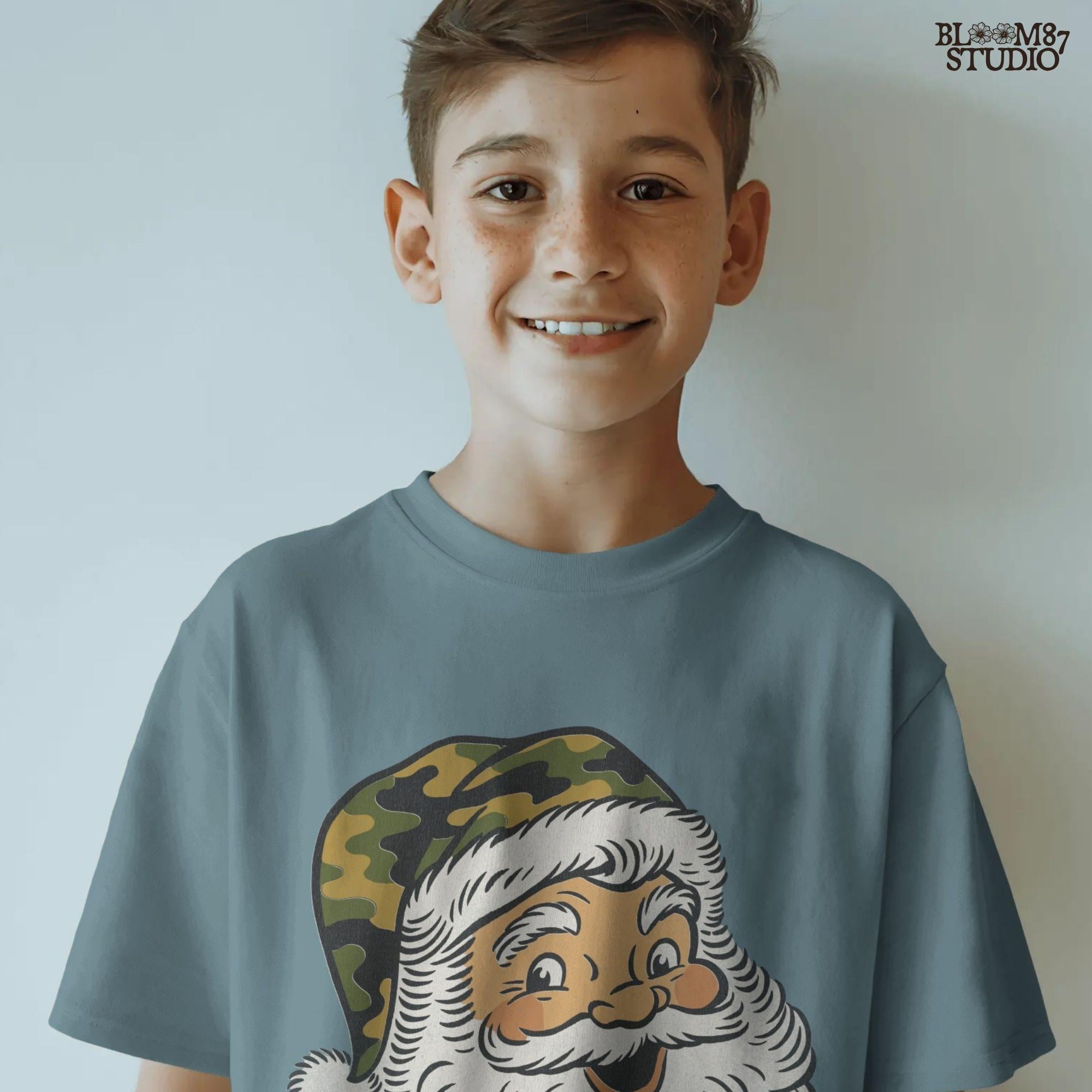 Vintage-style Santa Claus face with a camouflage Christmas hat, rustic holiday PNG for sublimation and country Christmas crafts