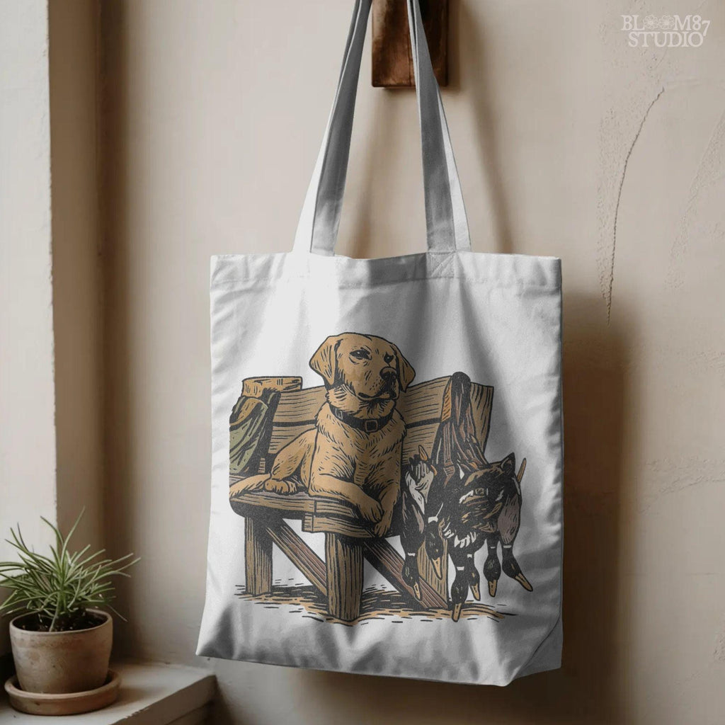 Rustic illustration of a yellow Labrador retriever hunting dog on a dock with harvested mallard ducks, PNG for hunting-themed sublimation crafts