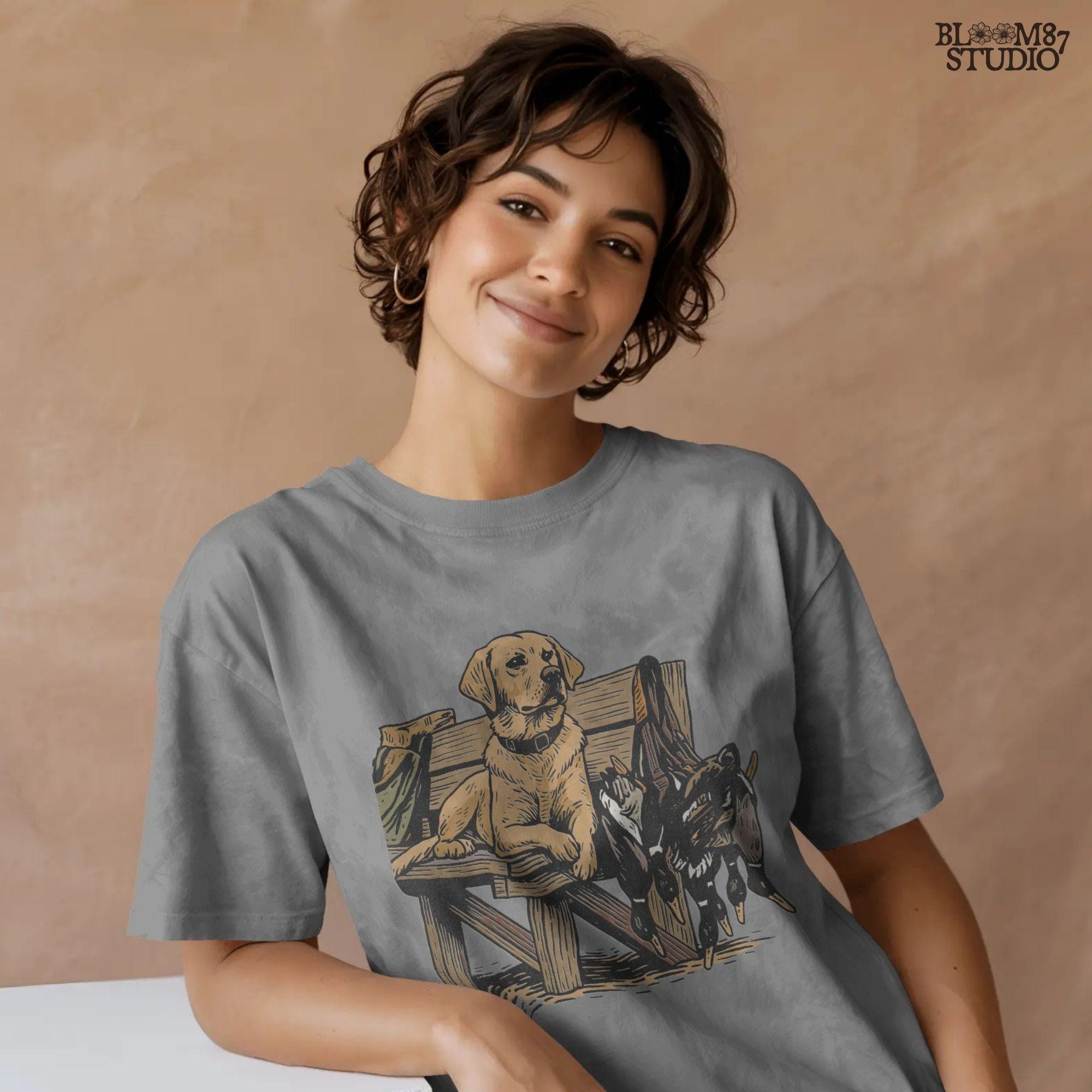 Rustic illustration of a yellow Labrador retriever hunting dog on a dock with harvested mallard ducks, PNG for hunting-themed sublimation crafts