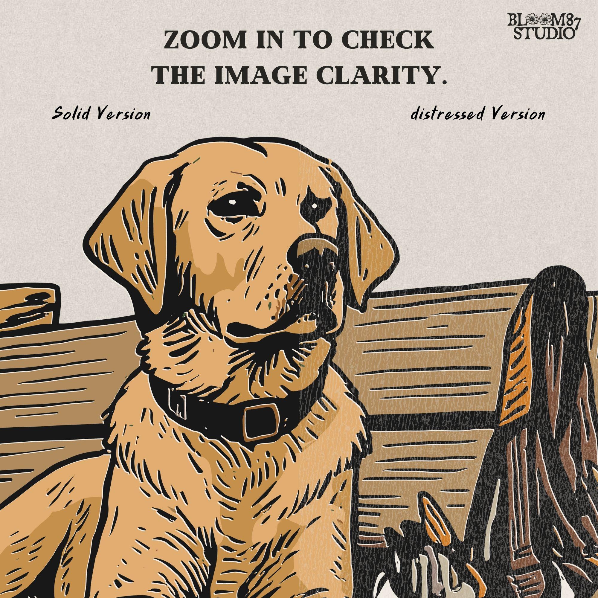 Rustic illustration of a yellow Labrador retriever hunting dog on a dock with harvested mallard ducks, PNG for hunting-themed sublimation crafts