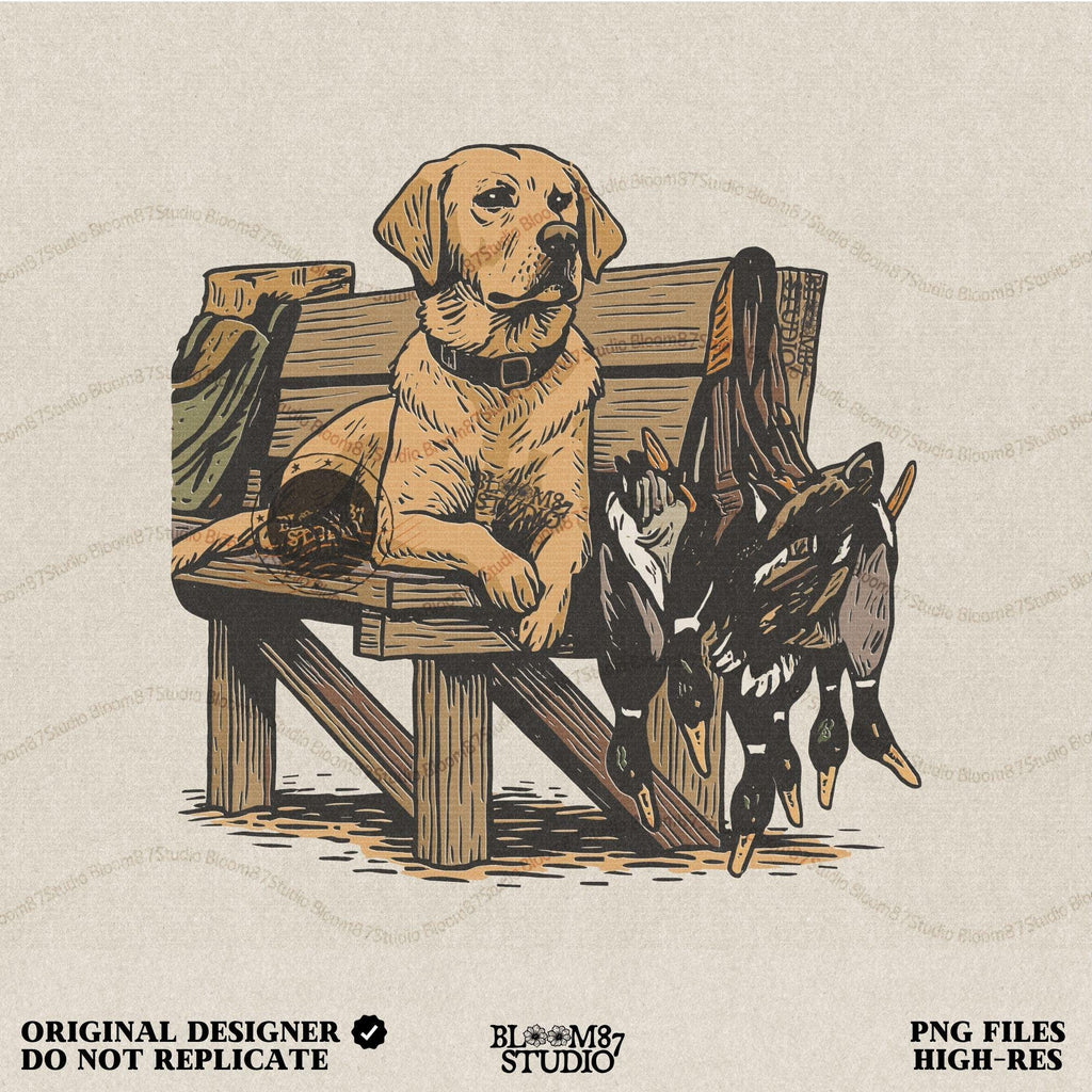Rustic illustration of a yellow Labrador retriever hunting dog on a dock with harvested mallard ducks, PNG for hunting-themed sublimation crafts