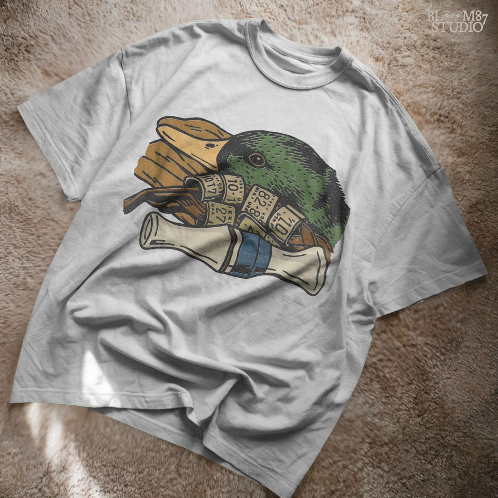 Rustic illustration of a mallard duck head with multiple hunting leg bands and a yellow duck call, PNG for duck hunting-themed sublimation crafts