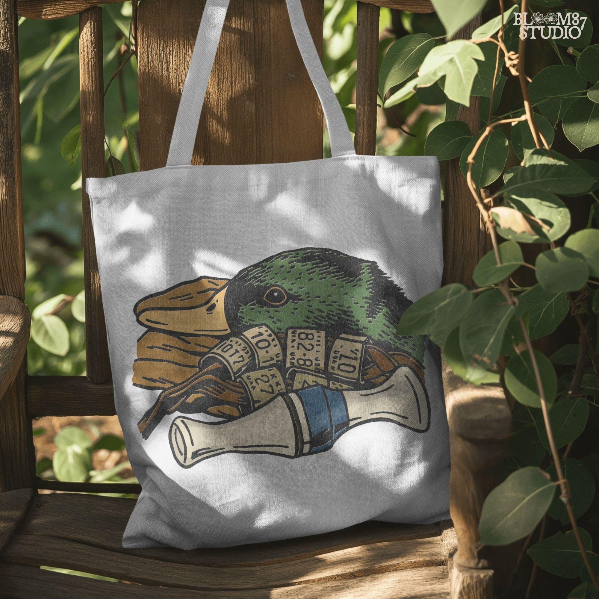 Rustic illustration of a mallard duck head with multiple hunting leg bands and a yellow duck call, PNG for duck hunting-themed sublimation crafts