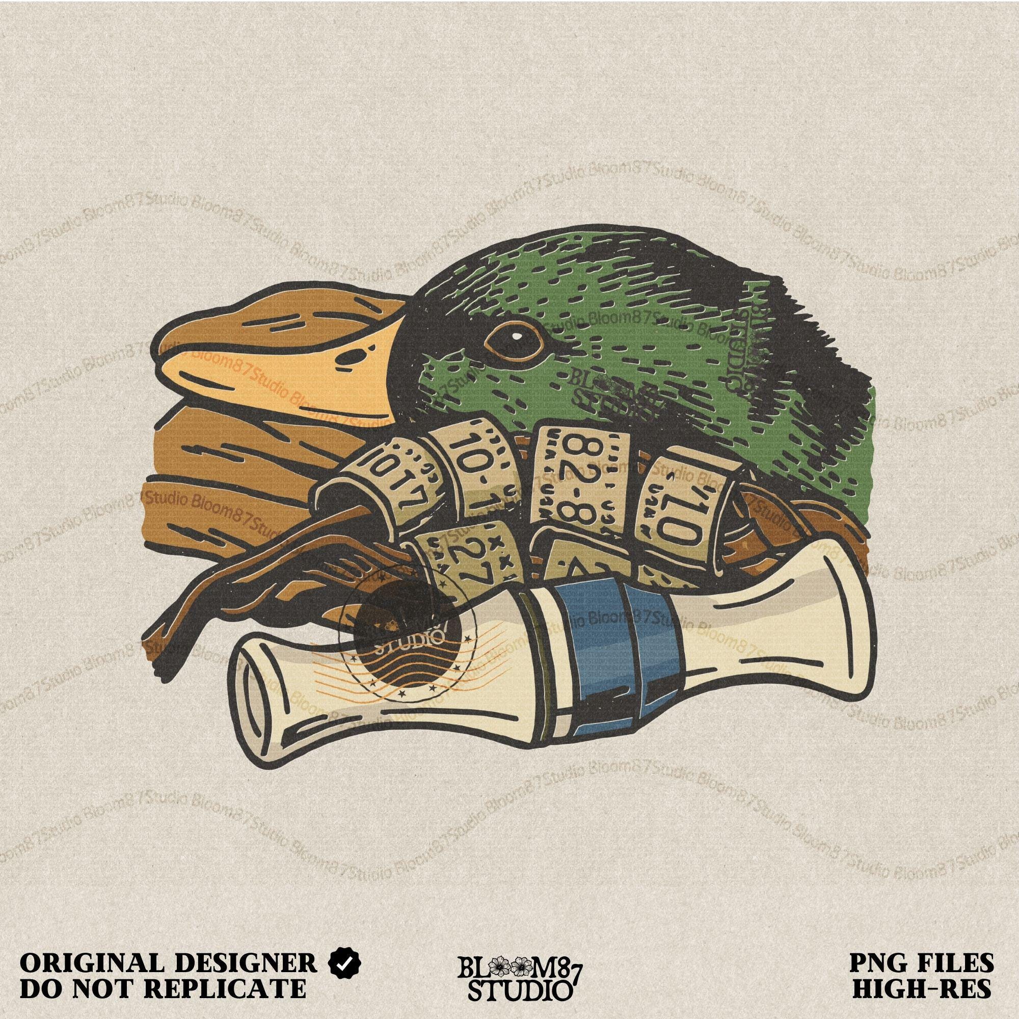 Rustic illustration of a mallard duck head with multiple hunting leg bands and a yellow duck call, PNG for duck hunting-themed sublimation crafts