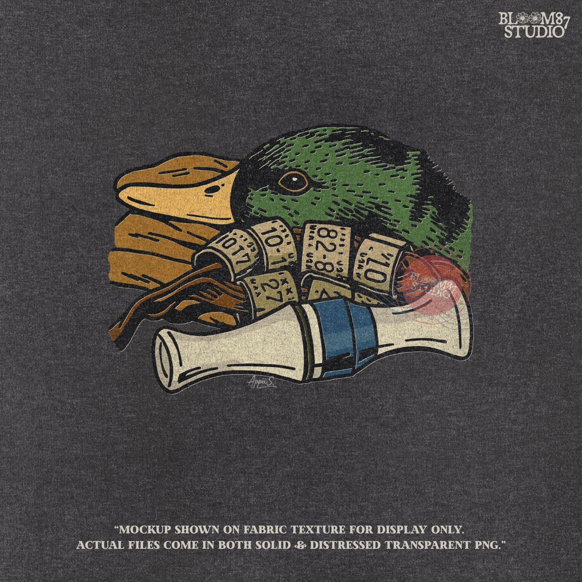 Rustic illustration of a mallard duck head with multiple hunting leg bands and a yellow duck call, PNG for duck hunting-themed sublimation crafts