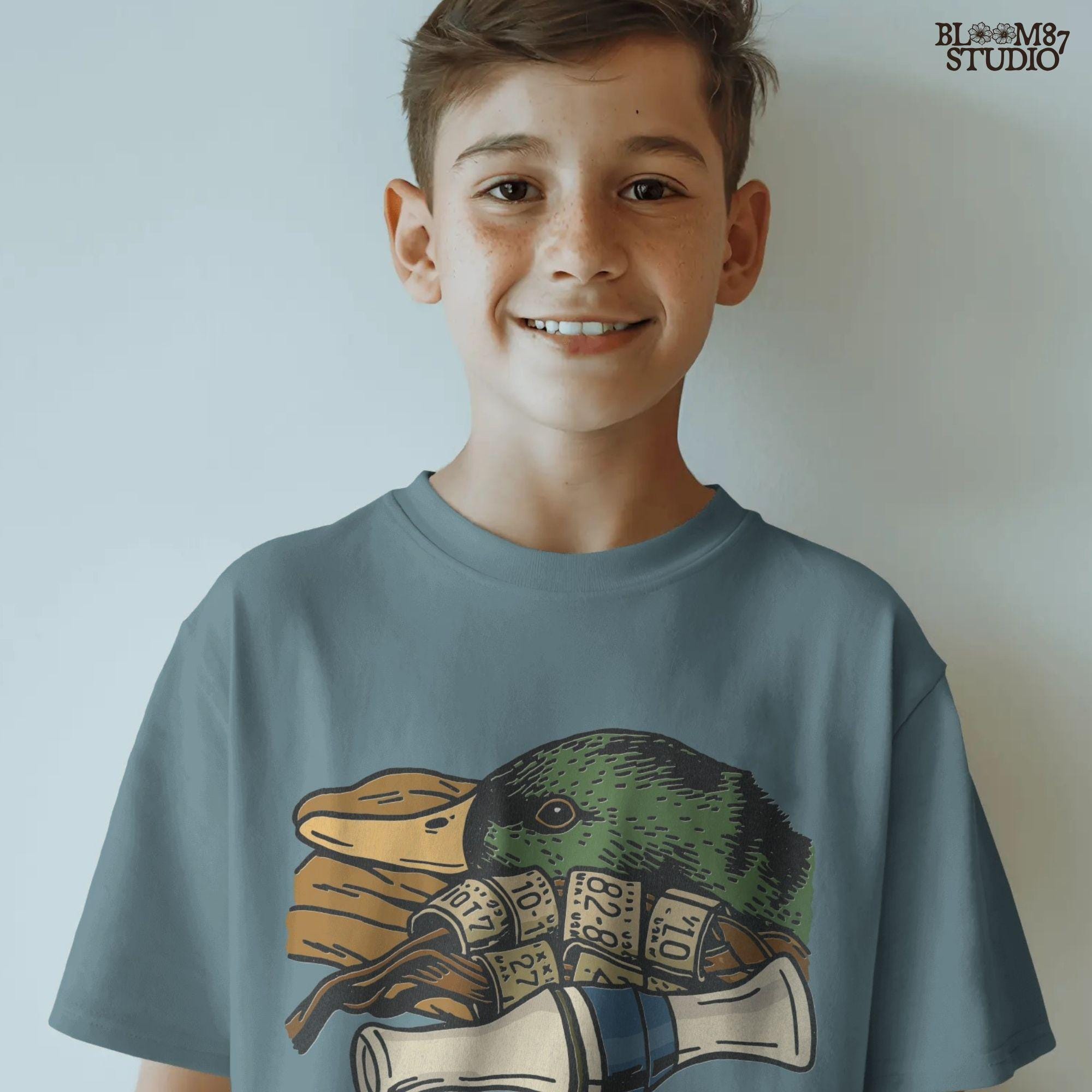 Rustic illustration of a mallard duck head with multiple hunting leg bands and a yellow duck call, PNG for duck hunting-themed sublimation crafts