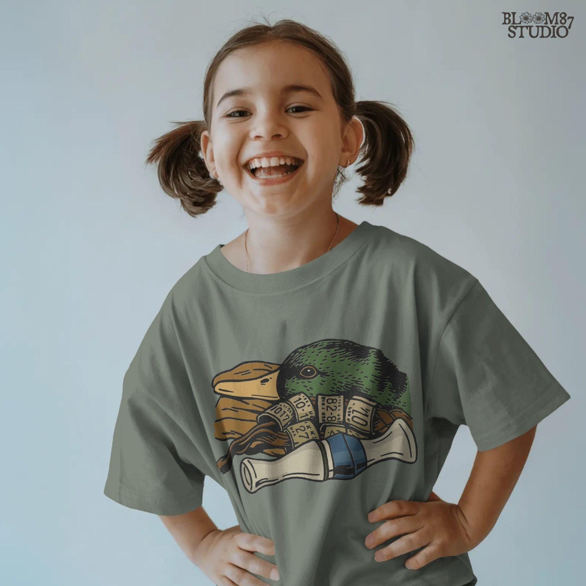 Rustic illustration of a mallard duck head with multiple hunting leg bands and a yellow duck call, PNG for duck hunting-themed sublimation crafts