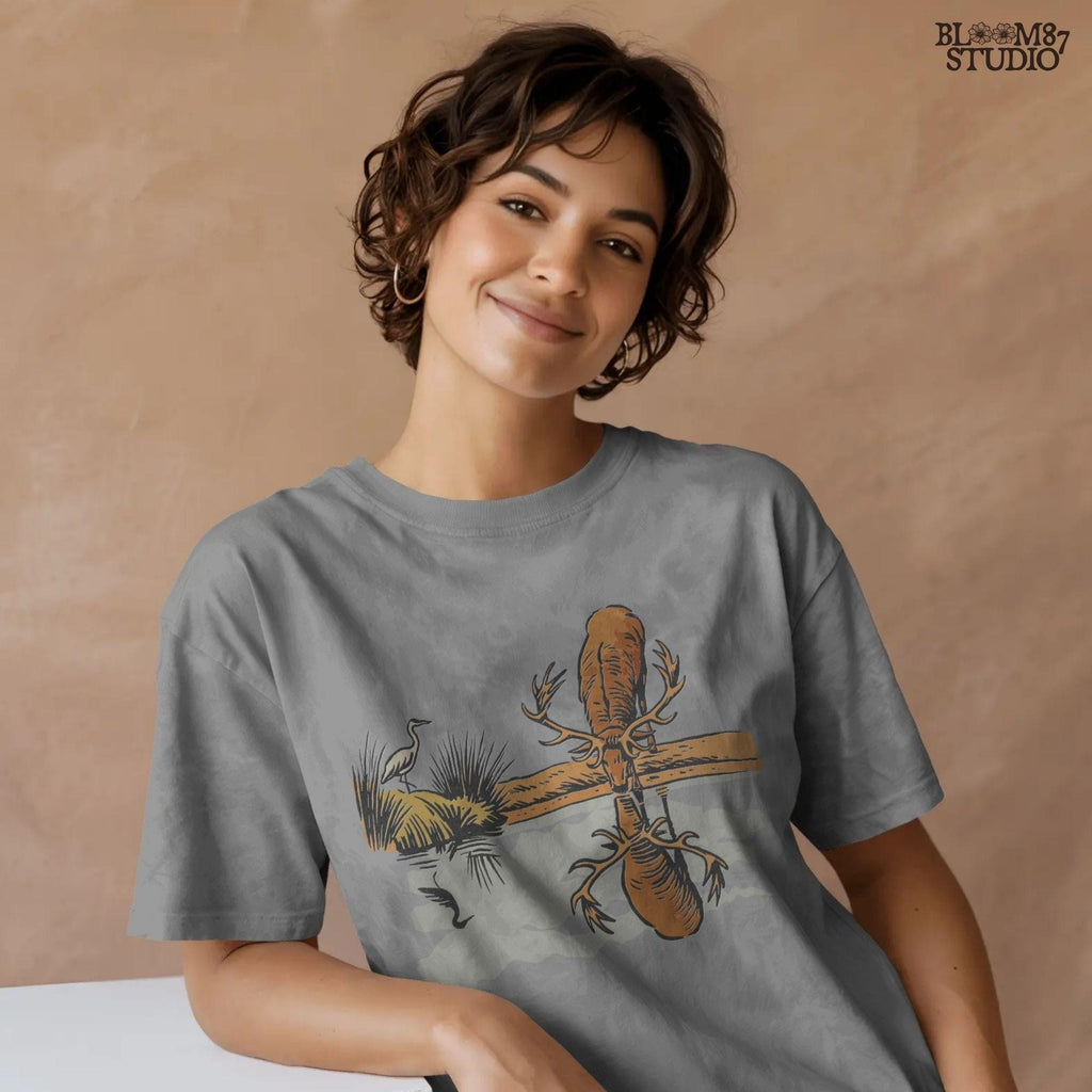 Rustic illustration of a deer with large antlers drinking from a lake, reflected in the water, with a heron in the background, PNG for sublimation crafts