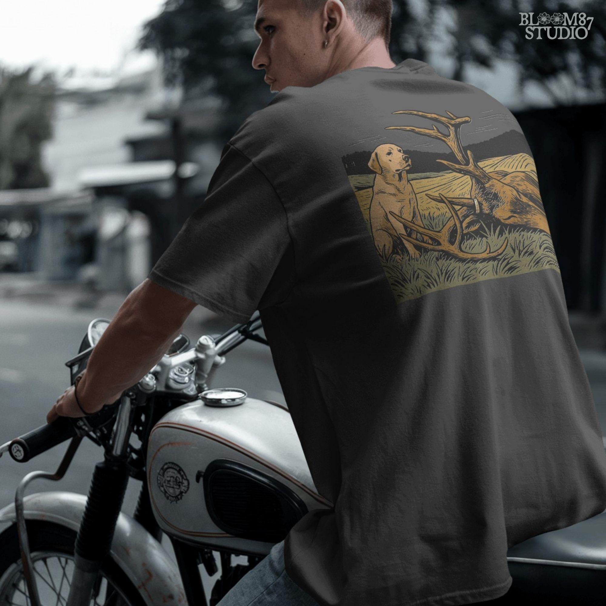 Rustic illustration of a Labrador Retriever sitting in a golden field beside a harvested deer with large antlers, PNG for hunting and lodge décor designs