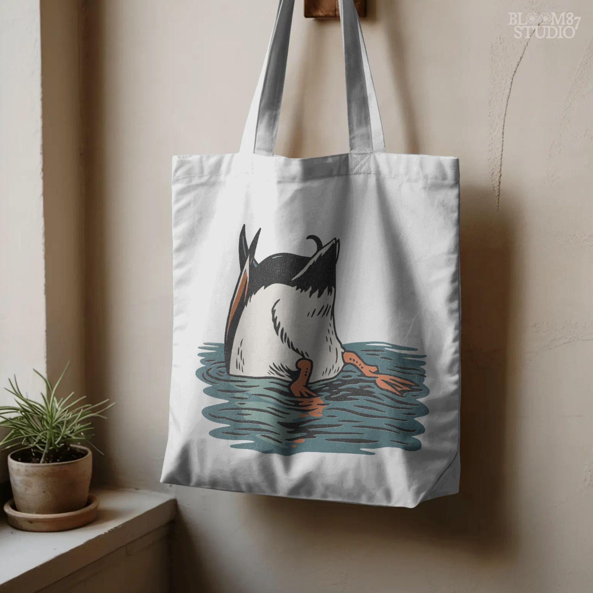 Humorous illustration of a duck diving underwater with only its tail and orange webbed feet visible, perfect PNG for hunting and lodge décor designs