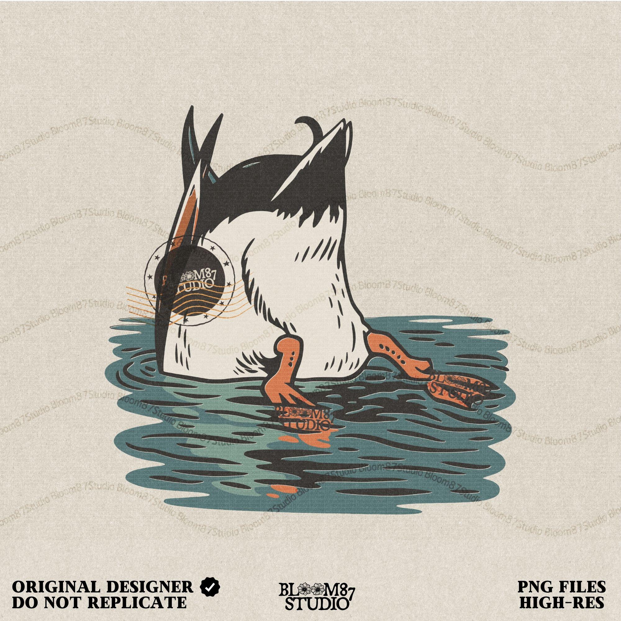 Humorous illustration of a duck diving underwater with only its tail and orange webbed feet visible, perfect PNG for hunting and lodge décor designs