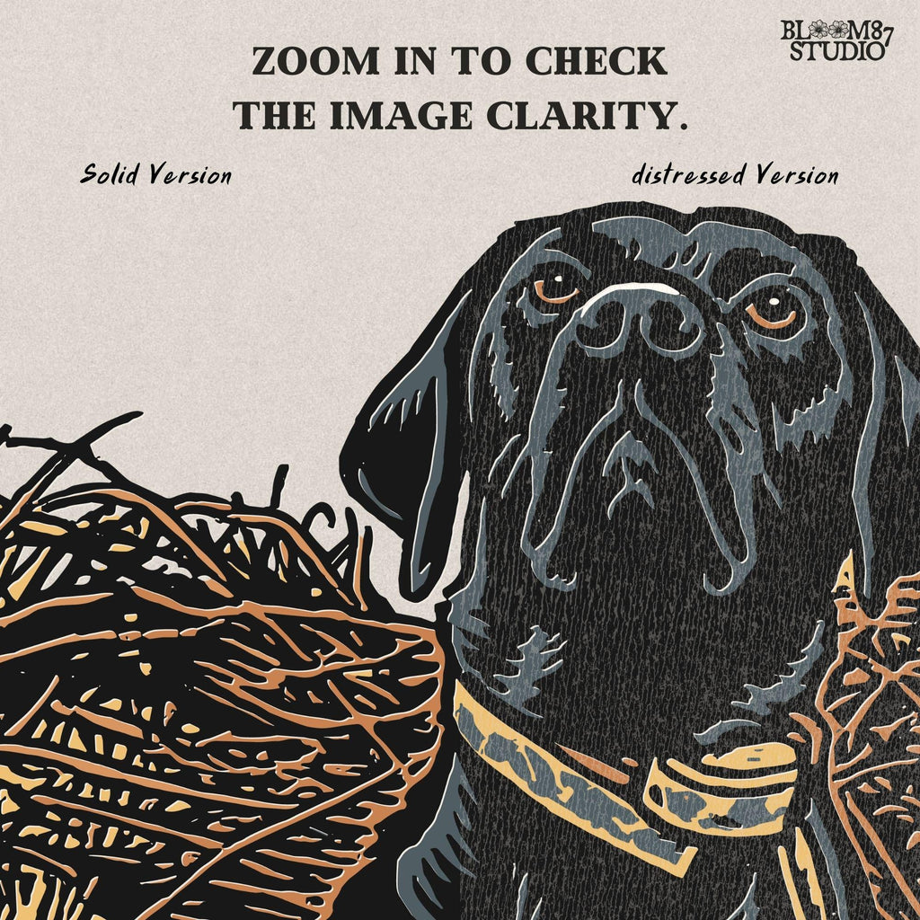 Illustration of a black Labrador retriever hunting dog sitting in tall grass, duck hunting sublimation PNG design.