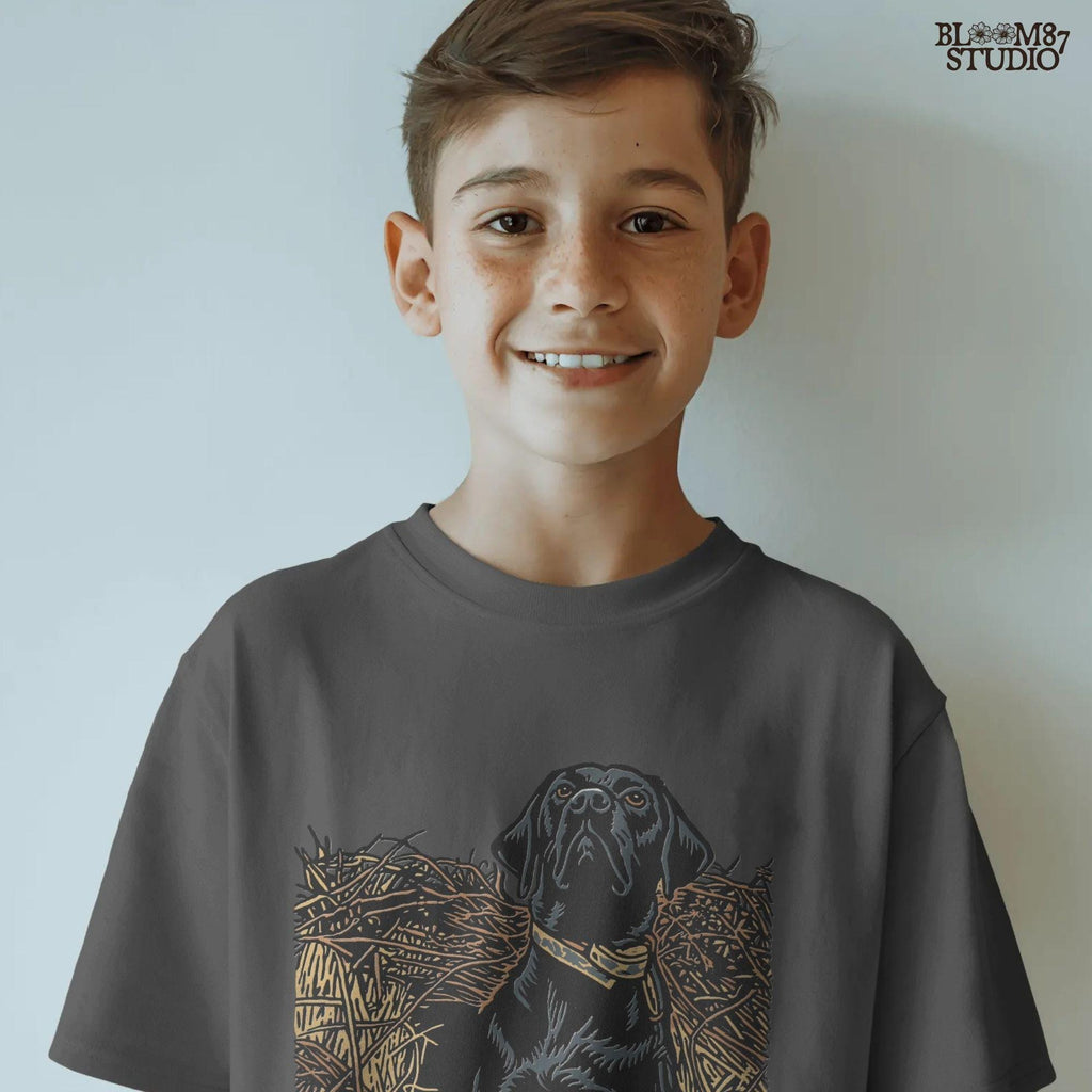 Illustration of a black Labrador retriever hunting dog sitting in tall grass, duck hunting sublimation PNG design.