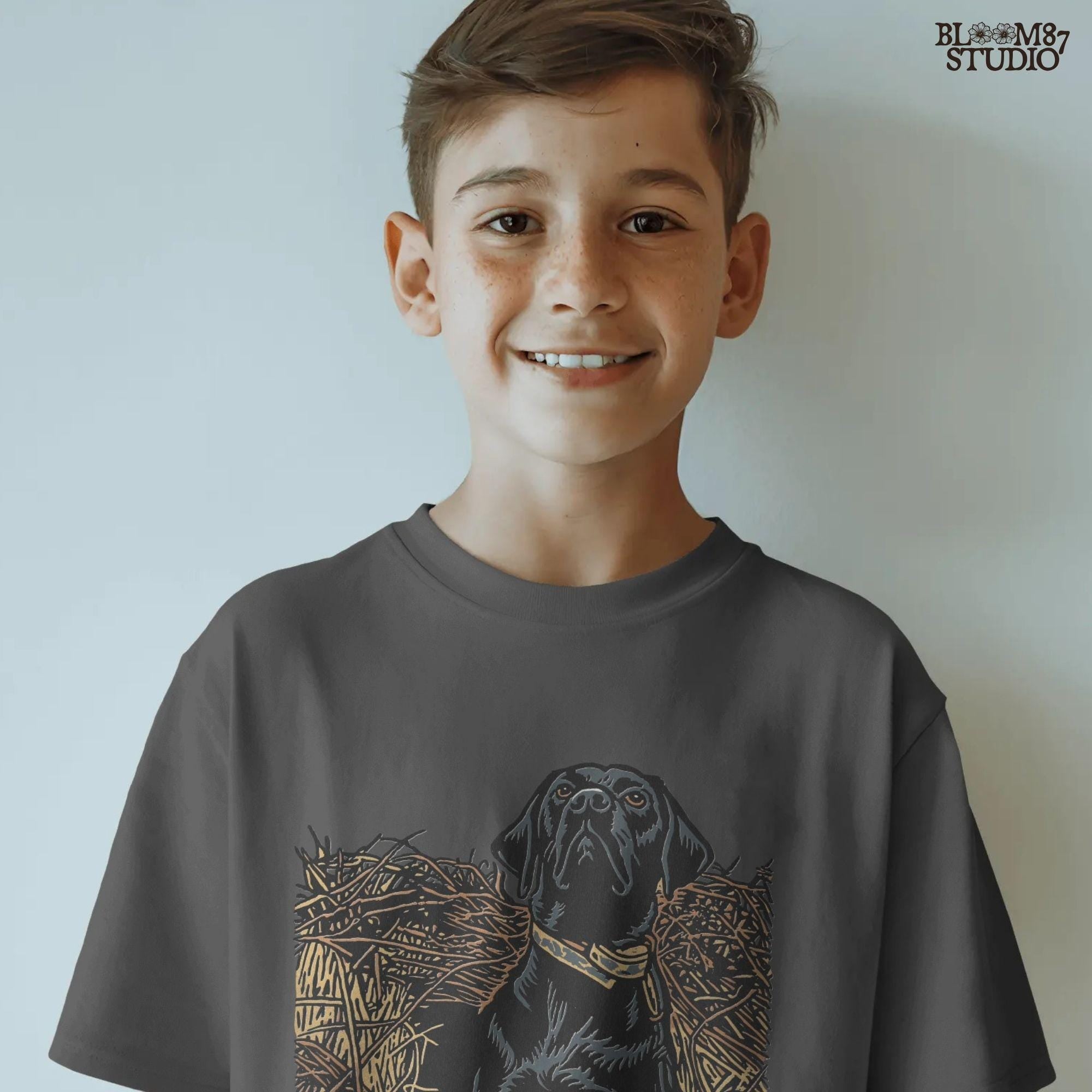 Illustration of a black Labrador retriever hunting dog sitting in tall grass, duck hunting sublimation PNG design.