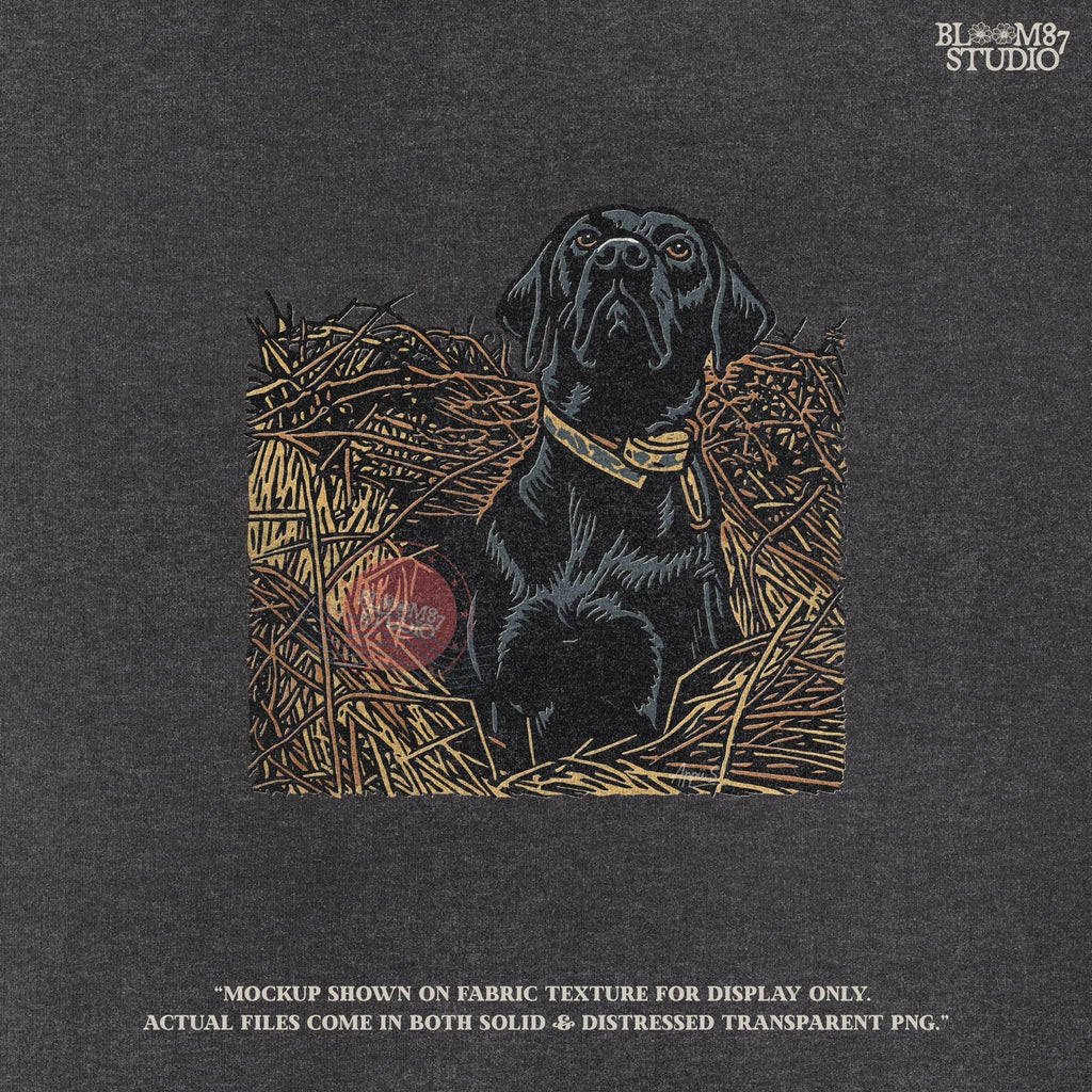Illustration of a black Labrador retriever hunting dog sitting in tall grass, duck hunting sublimation PNG design.