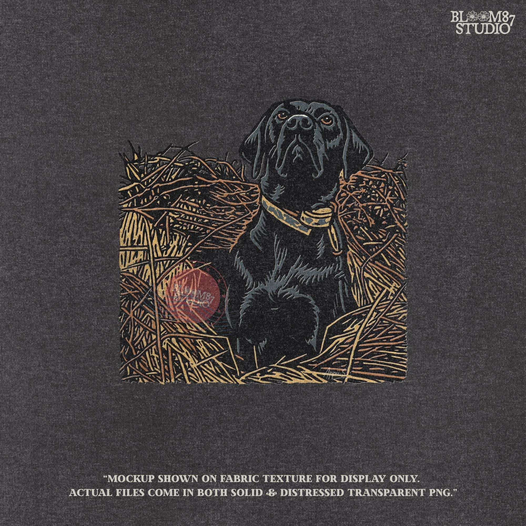 Illustration of a black Labrador retriever hunting dog sitting in tall grass, duck hunting sublimation PNG design.
