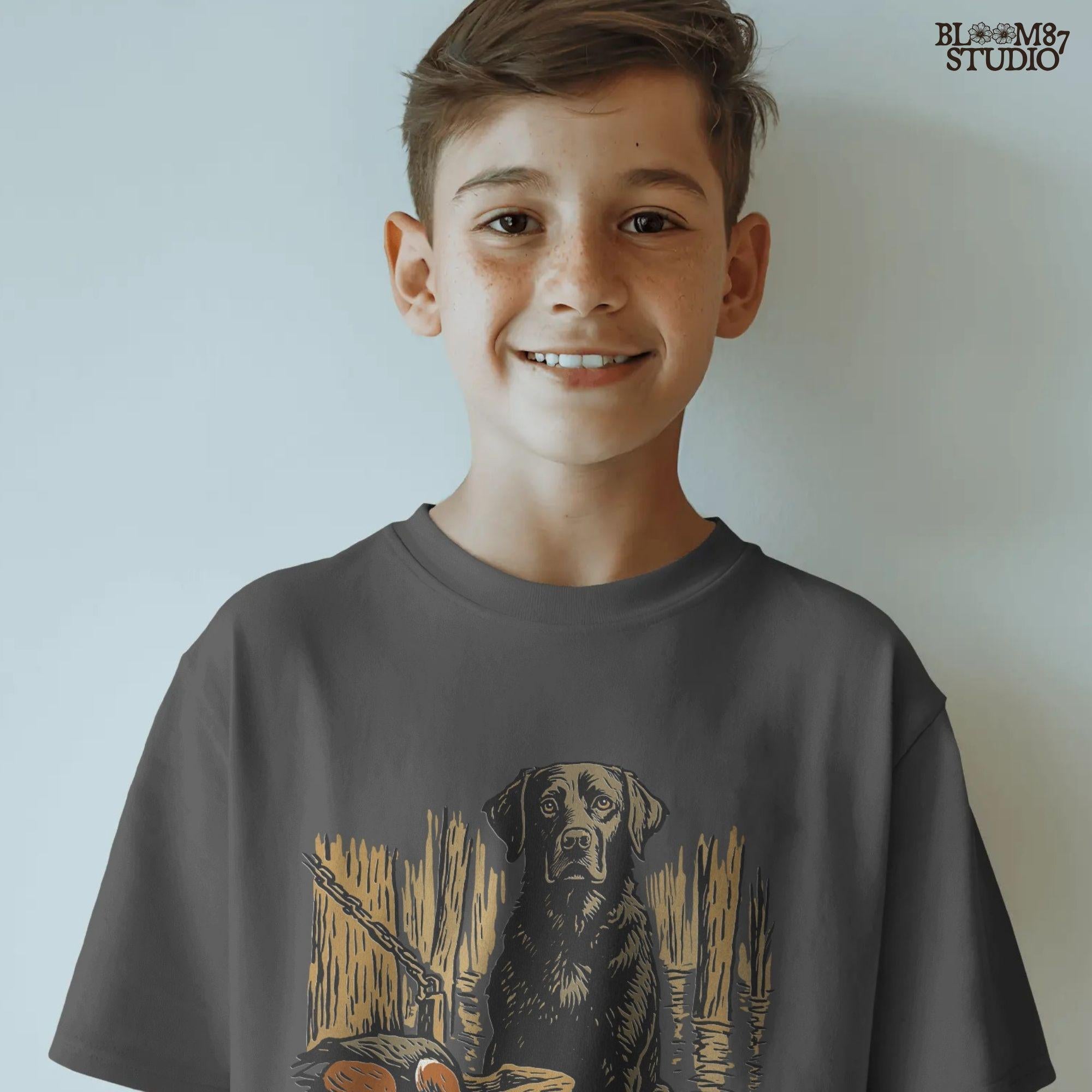 Illustration of a black Labrador retriever hunting dog in a marsh with mallard ducks in a wooden basket, sublimation PNG design.