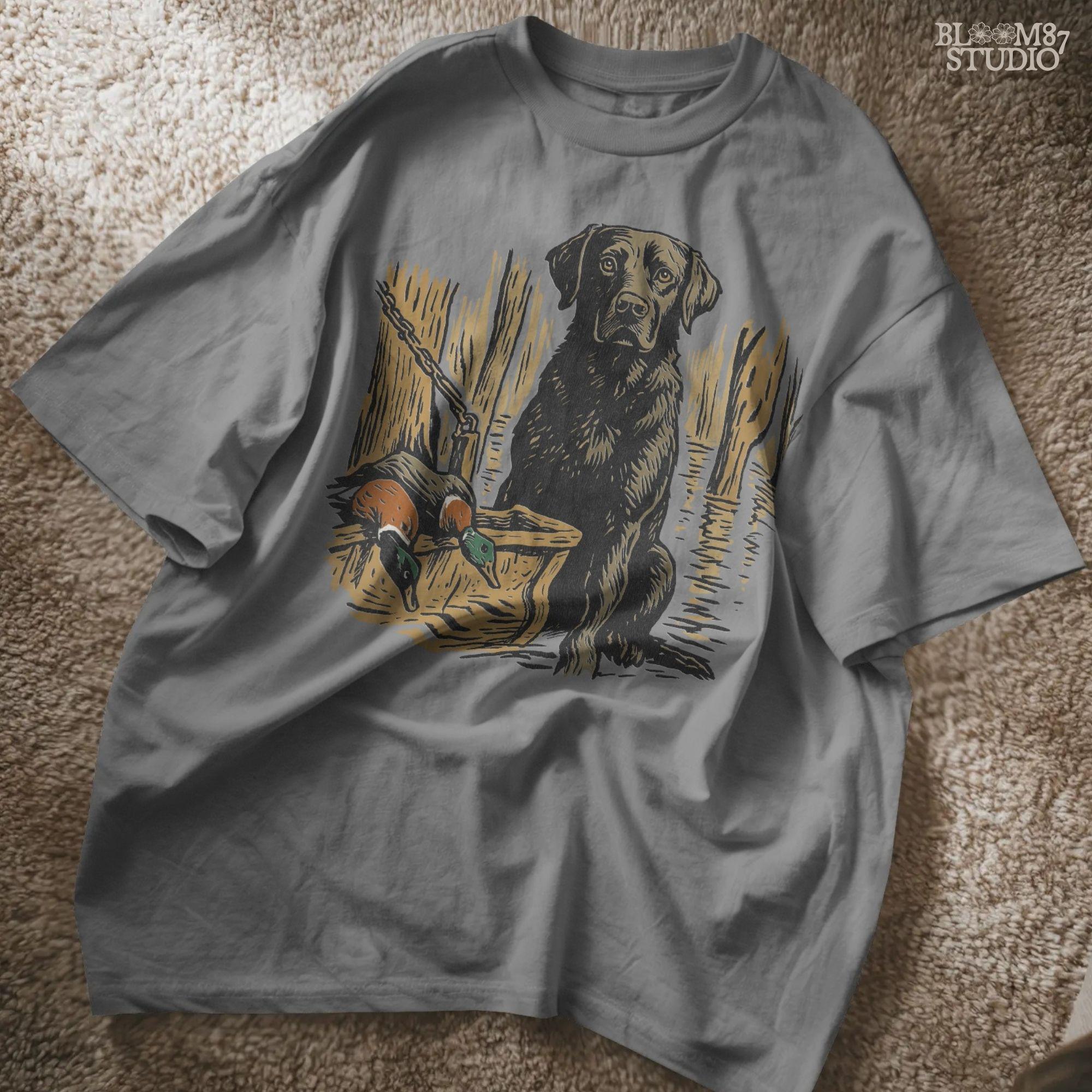 Illustration of a black Labrador retriever hunting dog in a marsh with mallard ducks in a wooden basket, sublimation PNG design.