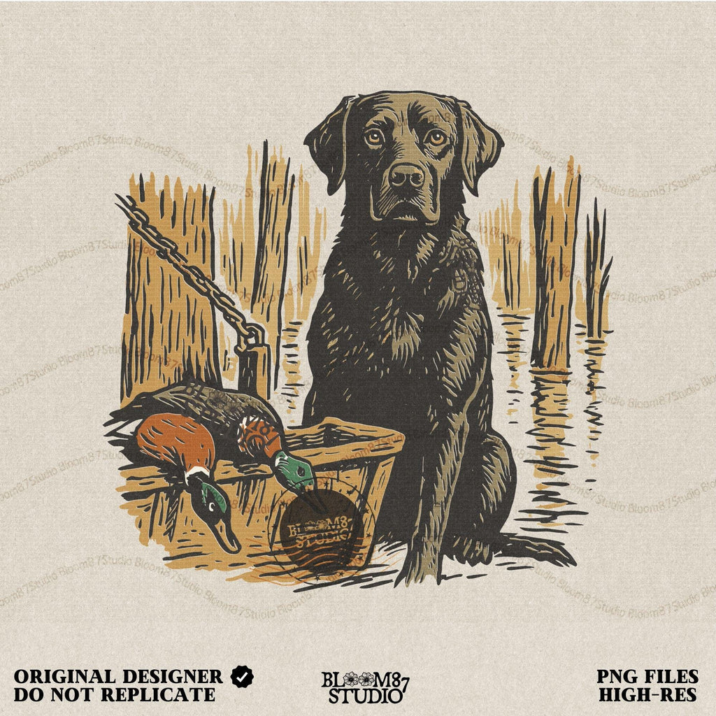 Illustration of a black Labrador retriever hunting dog in a marsh with mallard ducks in a wooden basket, sublimation PNG design.