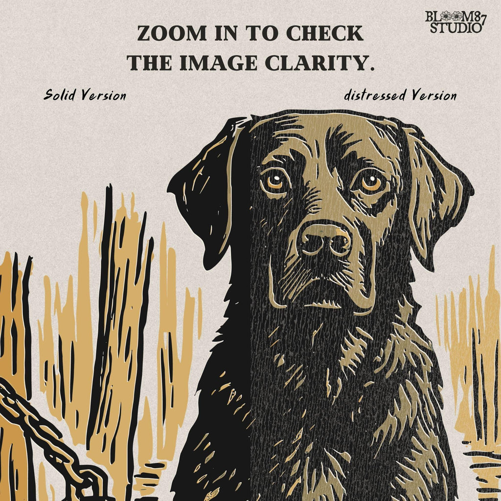 Illustration of a black Labrador retriever hunting dog in a marsh with mallard ducks in a wooden basket, sublimation PNG design.