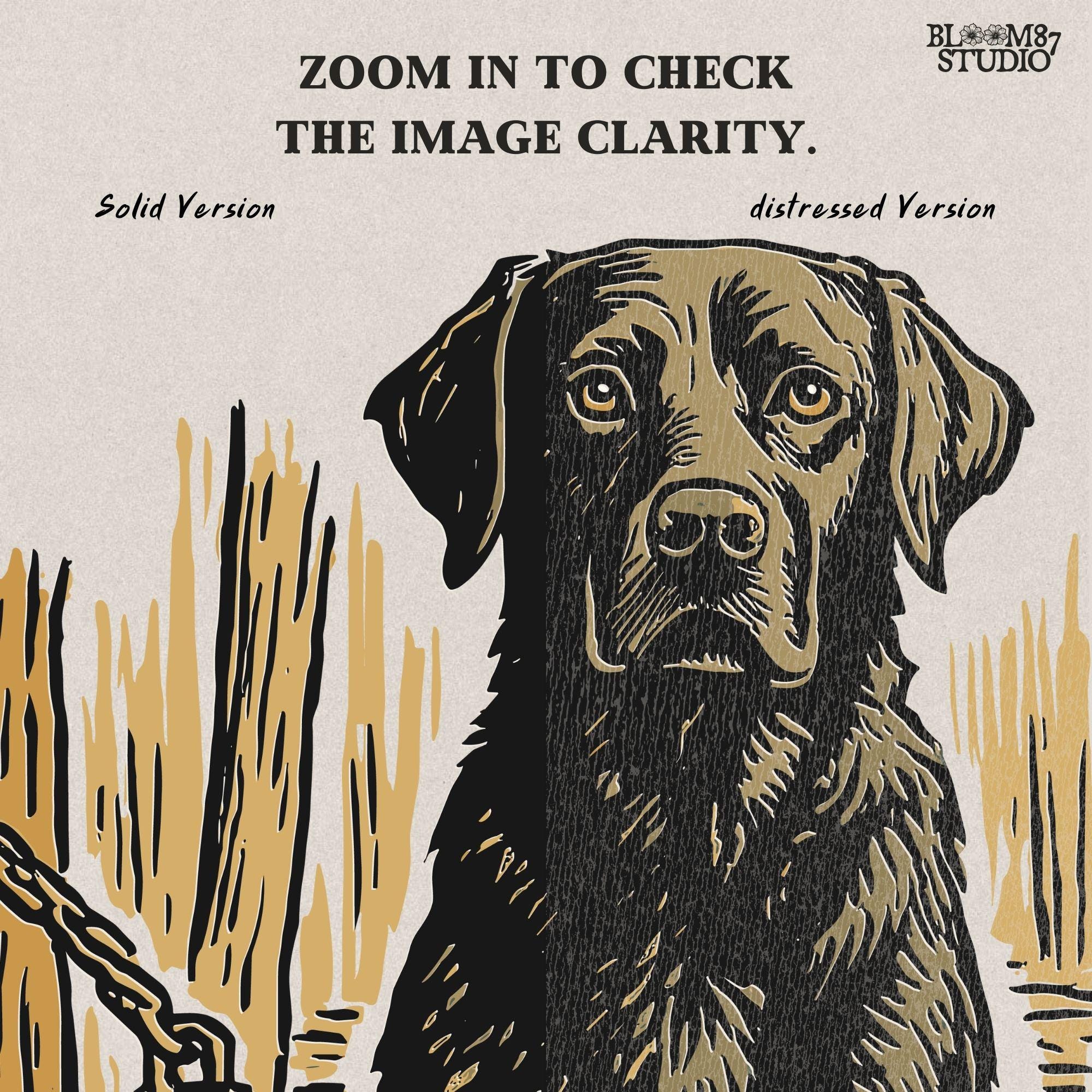 Illustration of a black Labrador retriever hunting dog in a marsh with mallard ducks in a wooden basket, sublimation PNG design.